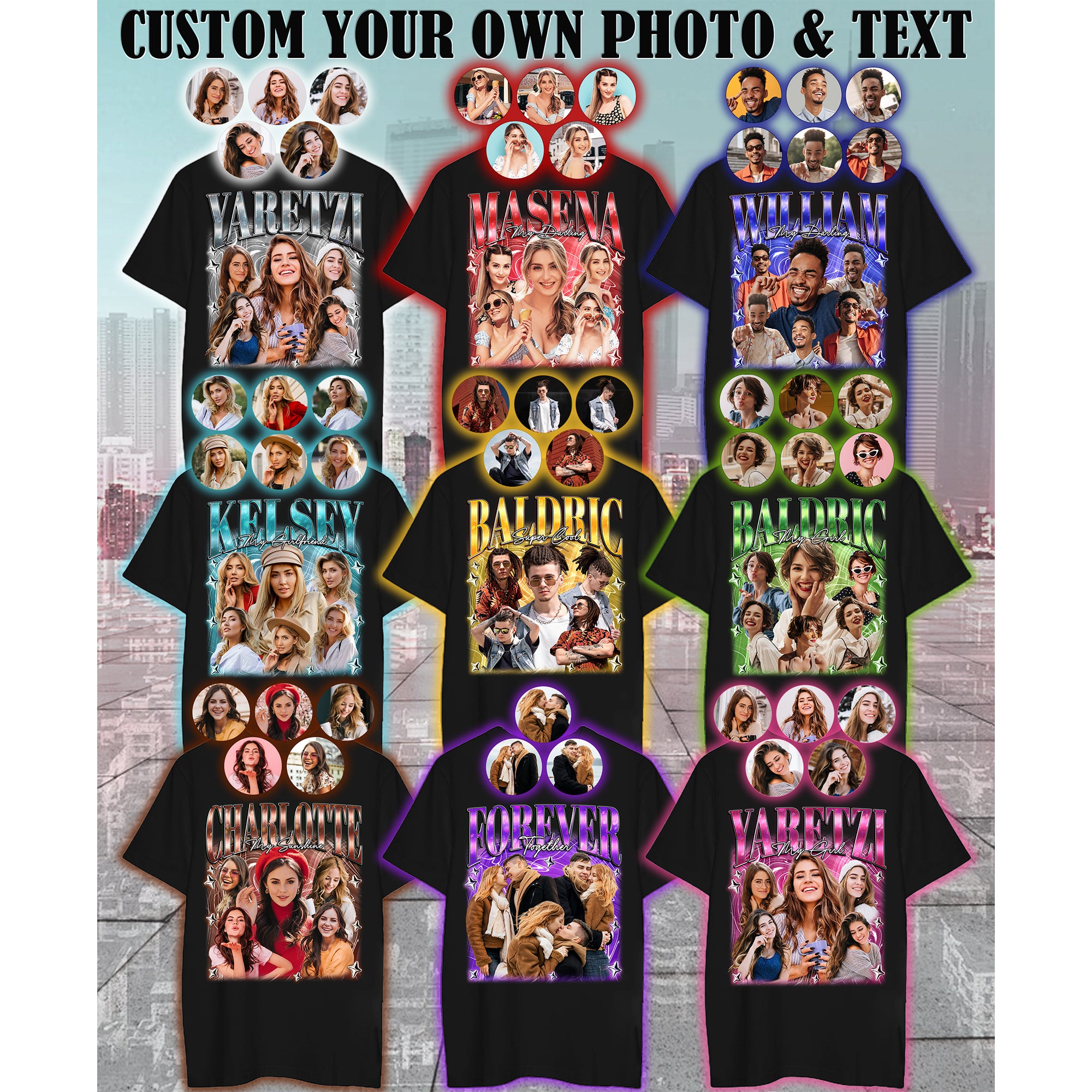 Personalized Bootleg Rap Style T-Shirt, Custom Photo Collage Shirt for Friends, Couples & Family