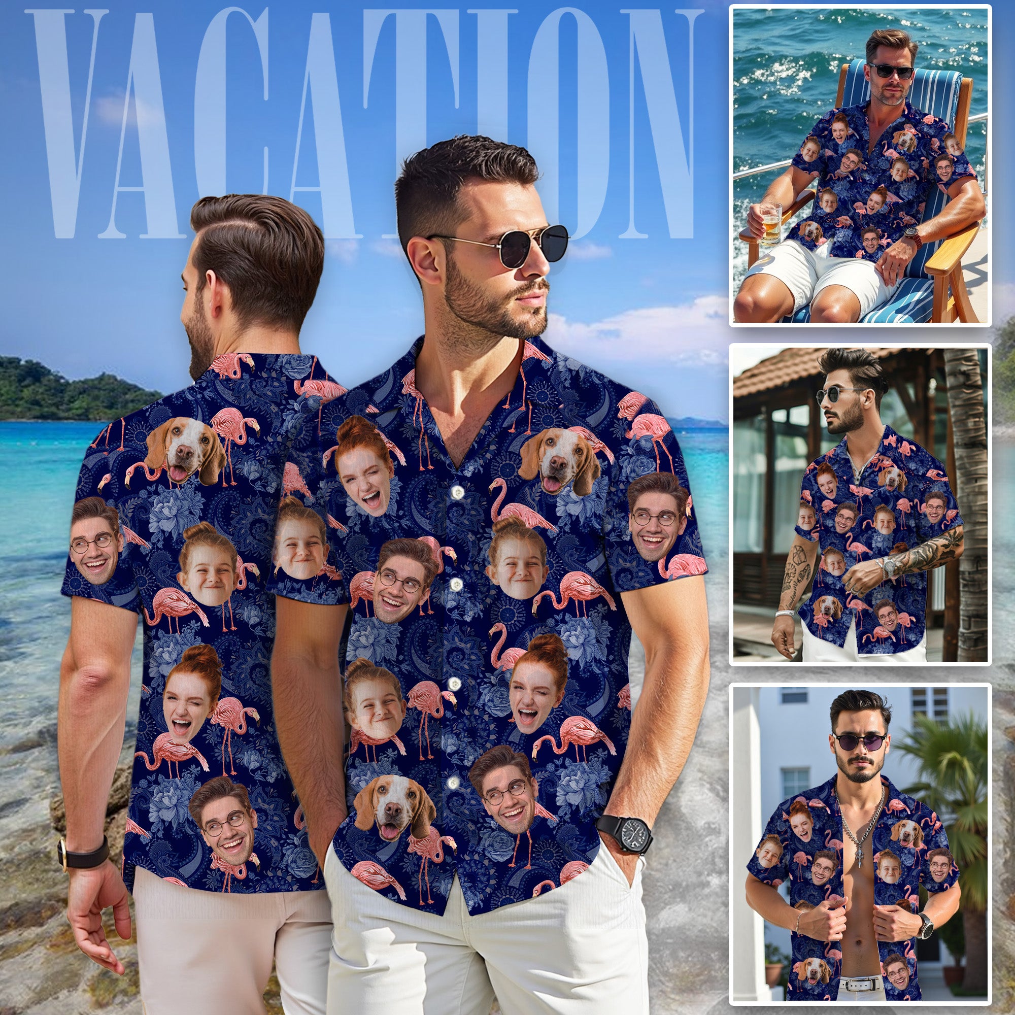 Custom Face Hawaiian Shirt, Personalized Flamingo Family Photo Shirt, For Men, Dads, and Friends, Gift for Birthdays, Vacations, or Anniversaries
