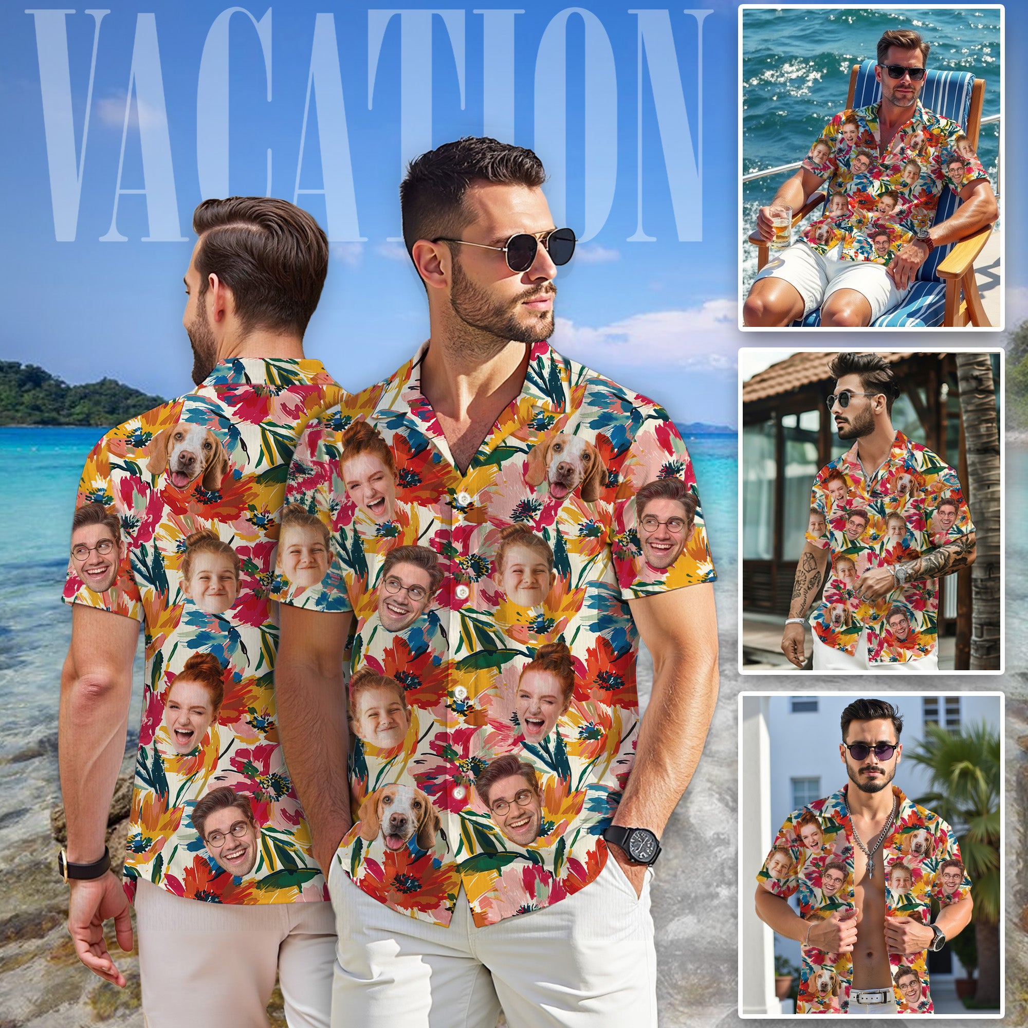 Custom Face Shirt, Personalized Colorful Floral Hawaiian Shirt for Men, Summer Vacation Gift, For Kids & Dads, Family Trips or Birthday Celebrations