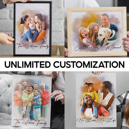 Custom Watercolor Painting from Photo and Text, Personalized Family Portrait Canvas Pictures, Custom Memorable Family Gifts