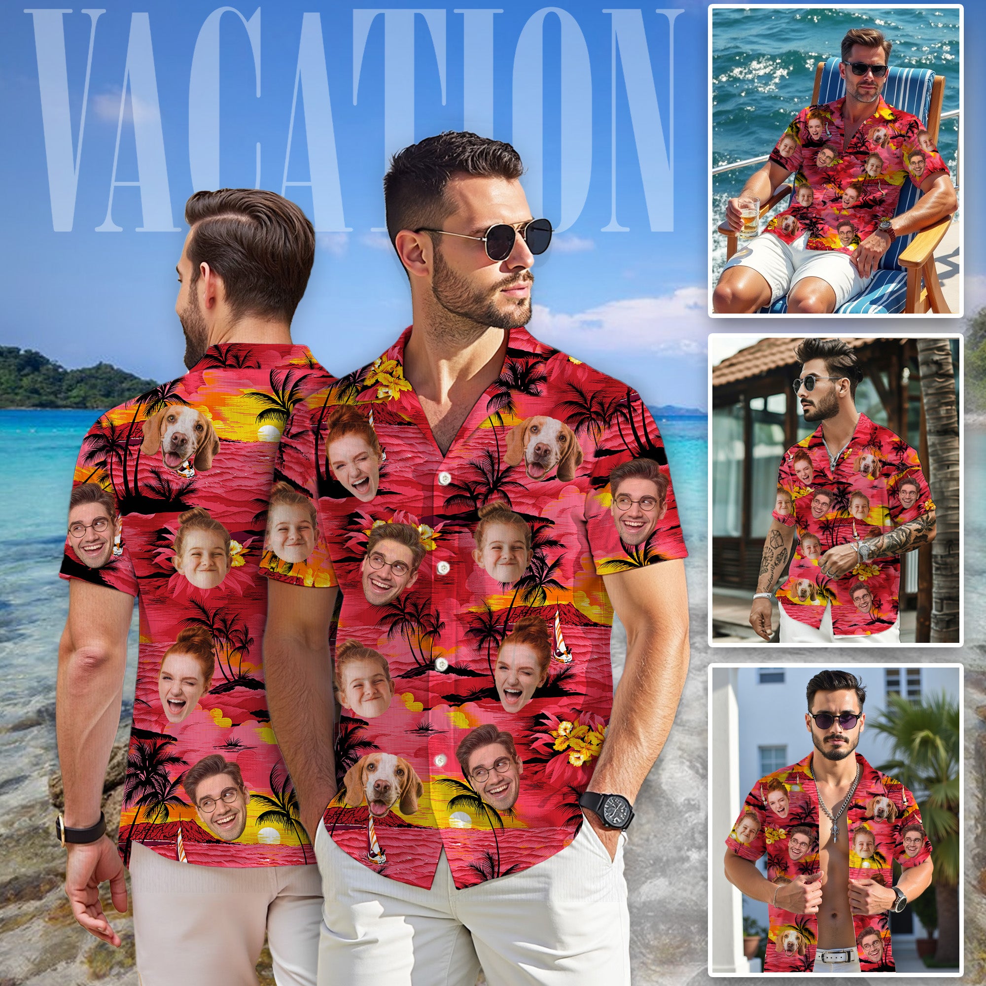 Custom Face Shirt, Personalized Sunset Hawaiian Shirt for Men, Tropical Beach Vacation Gift, For Men & Youth, for Summer or Anniversaries