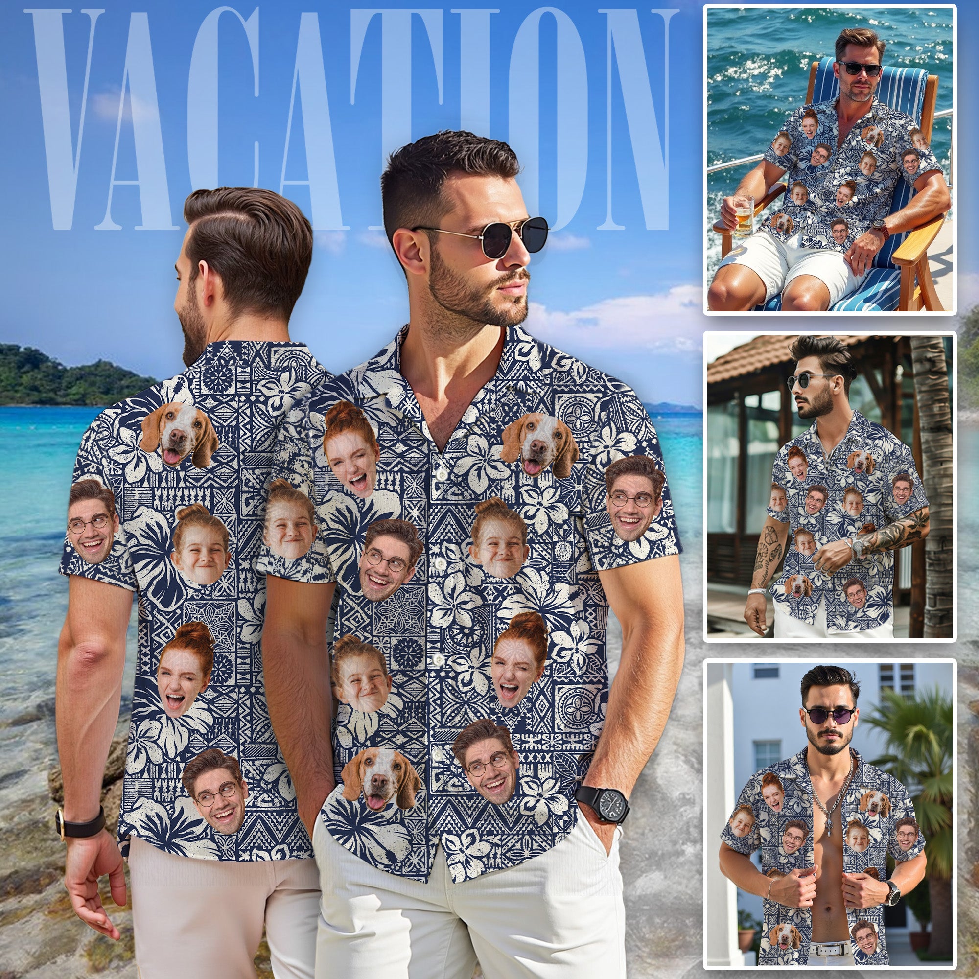 Custom Face Hawaiian Shirt for Men, Personalized Aloha Shirt with Family & Pet Faces, Blue Tribal Floral Print, Gift for Birthdays, or Vacations