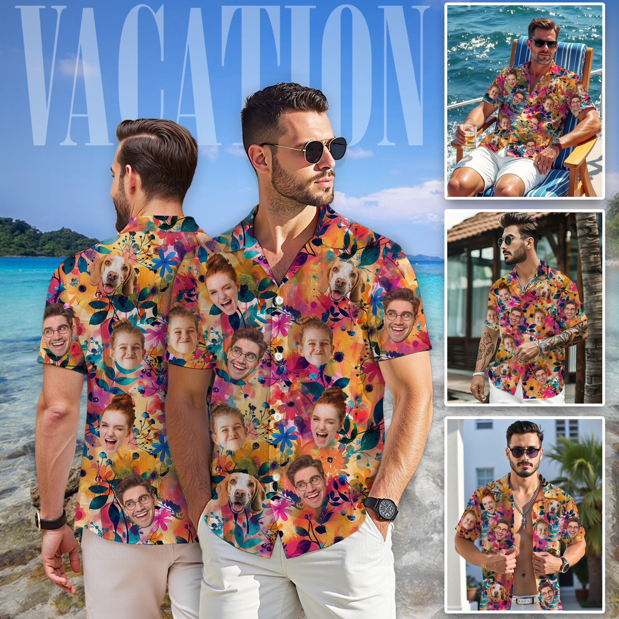 Custom Face Hawaiian Shirt, Personalized Tropical Floral Shirt with Family and Pet Faces, Funny Summer Vacation Gift for Men, for Dads, and Friends