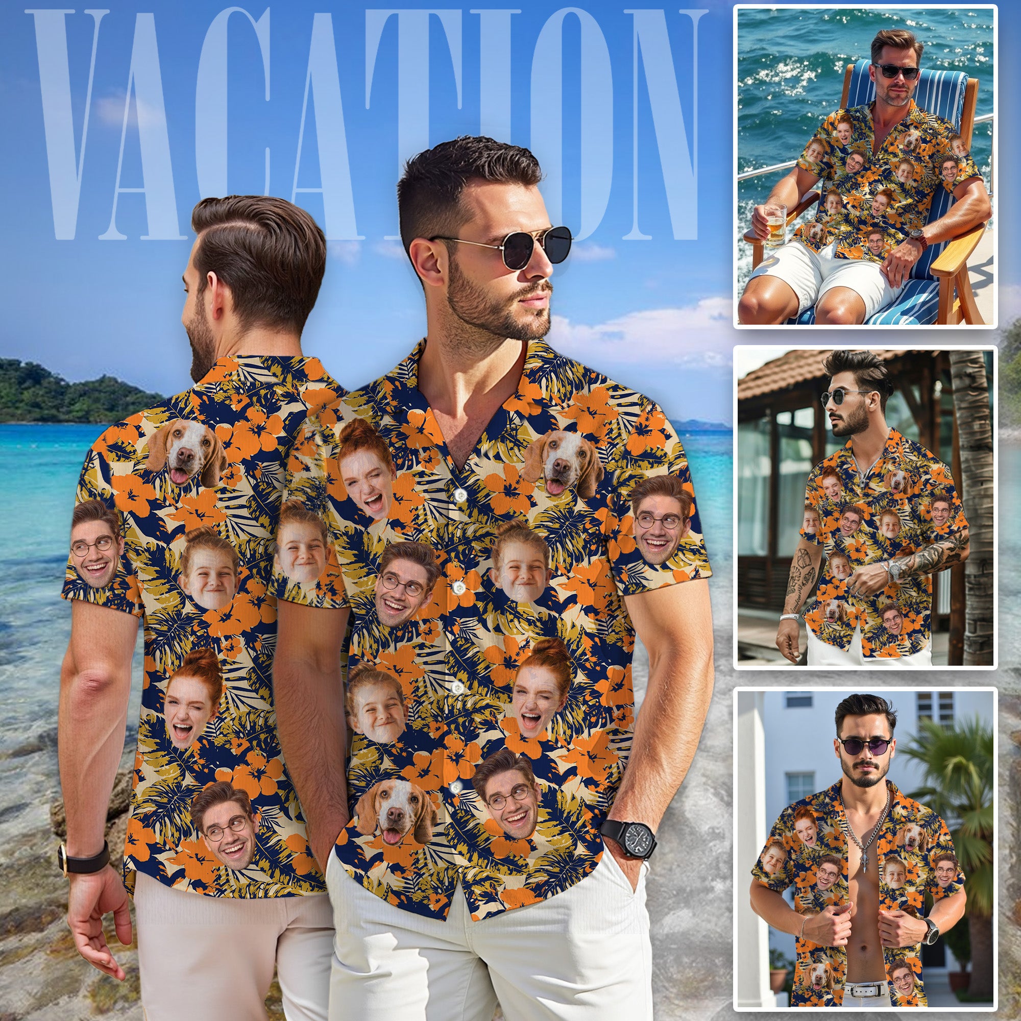 Custom Face Hawaiian Shirt, Personalized Orange Tropical Flower Shirt for Men, Funny Summer Vacation Gift, For Dads & Kids, For Father’s Day