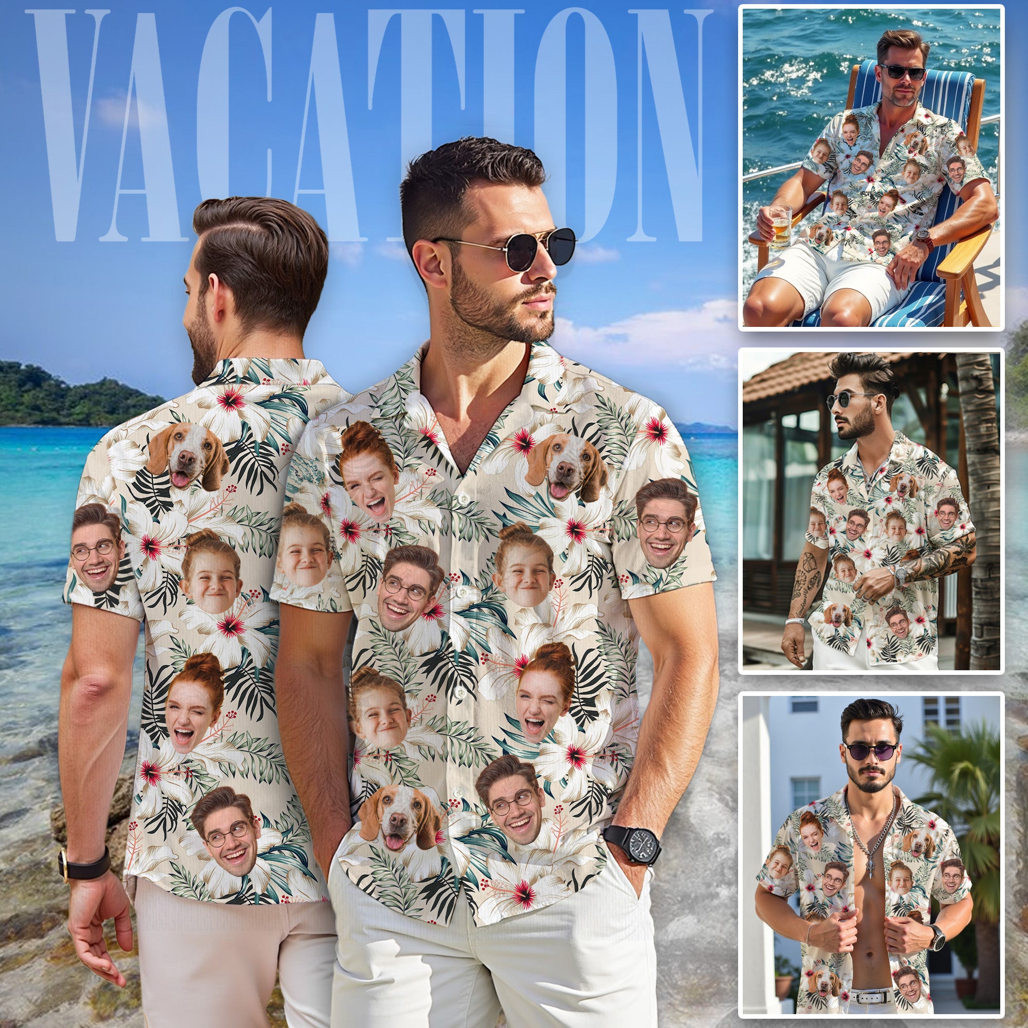 Custom Face Hawaiian Shirt, Personalized Cream Tropical Floral Shirt for Men, Summer Gift, A Heartwarming Gift for Dad on Father’s Day or Anniversary