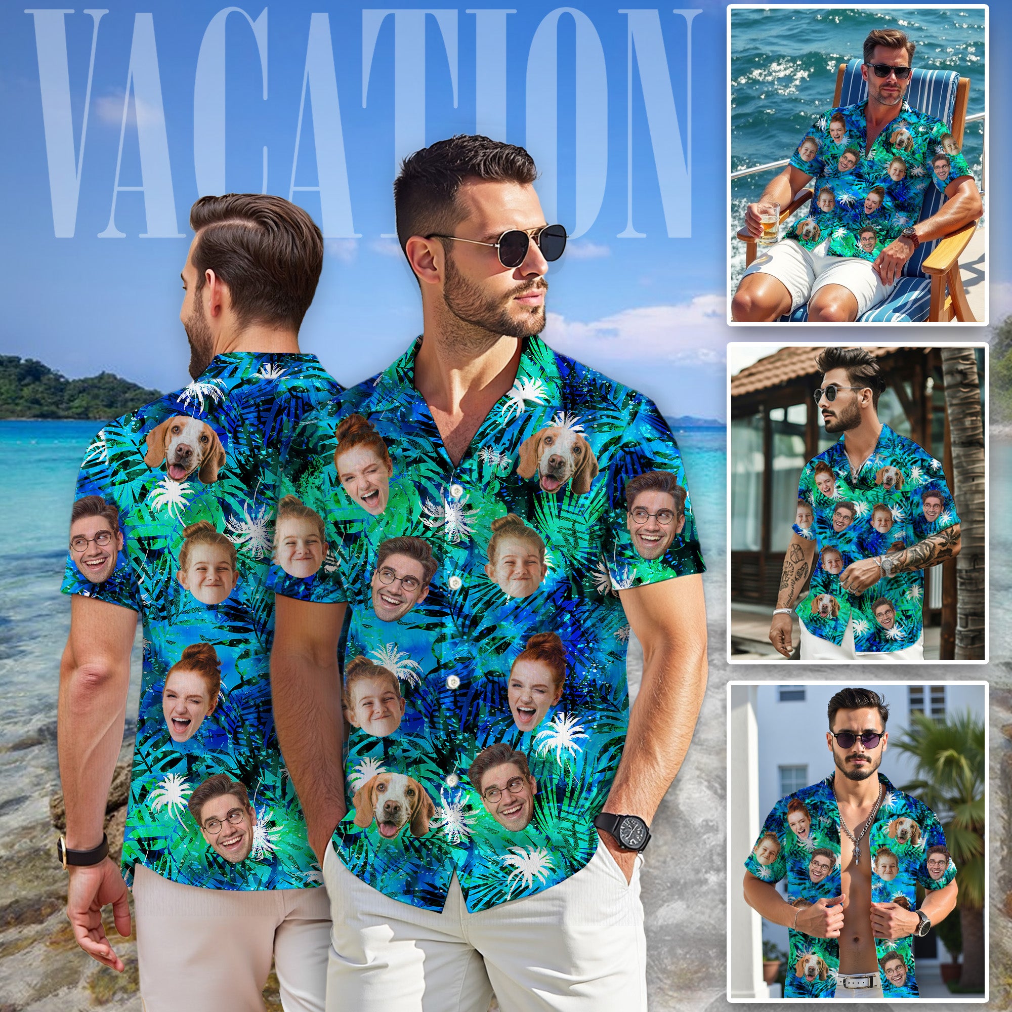 Custom Tropical Blue Hawaiian Shirt with Faces, Personalized Family Beach Vacation Shirt with Pet Photo, for Boyfriends, Husbands, for Special Days