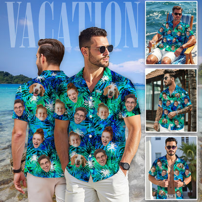 Custom Tropical Blue Hawaiian Shirt with Faces, Personalized Family Beach Vacation Shirt with Pet Photo, for Boyfriends, Husbands, for Special Days