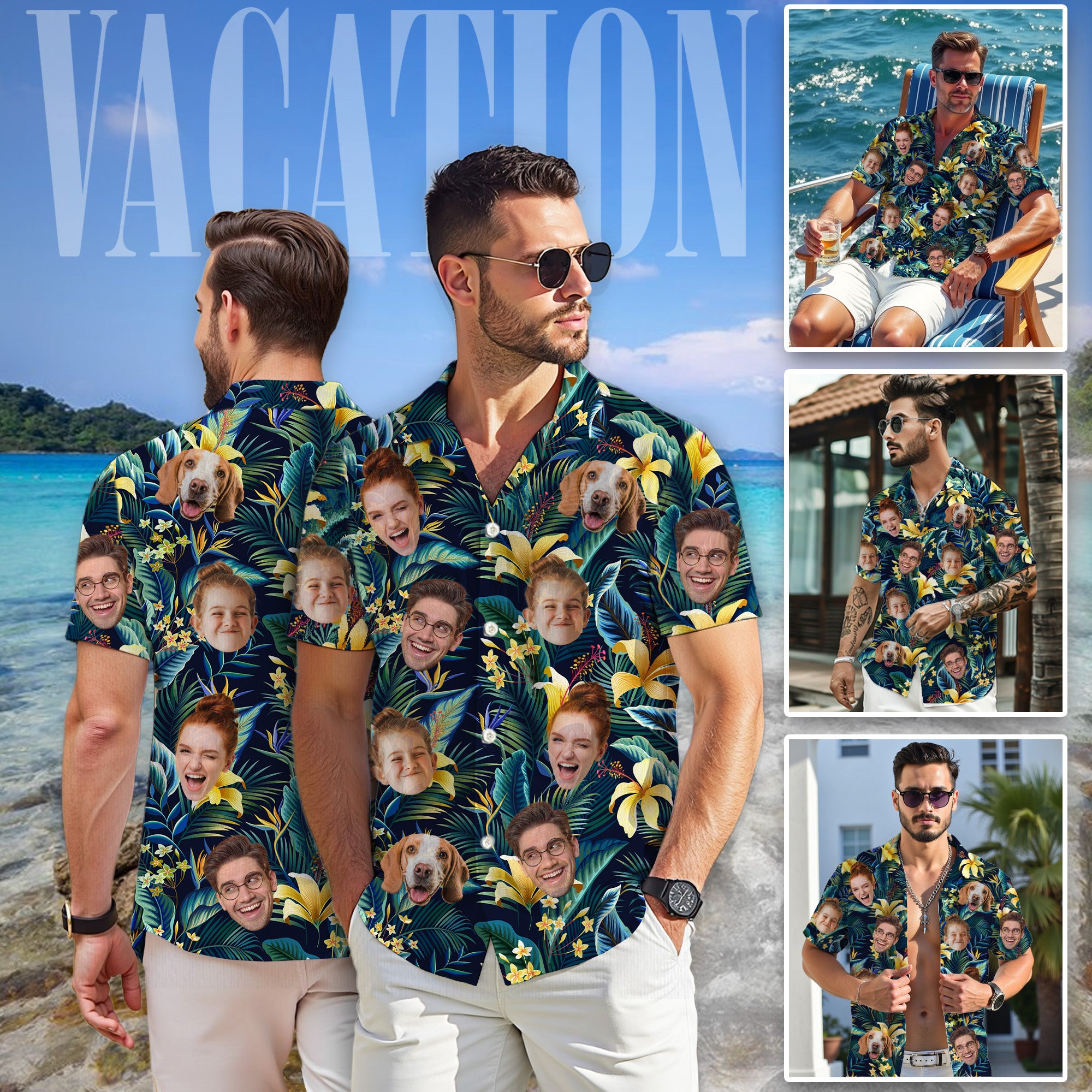 Custom Face Tropical Shirt, Personalized Yellow Lily, Jungle Leaves Hawaiian Shirt, Summer Vacation Gift, For Boyfriends, for Father’s Day or Holidays