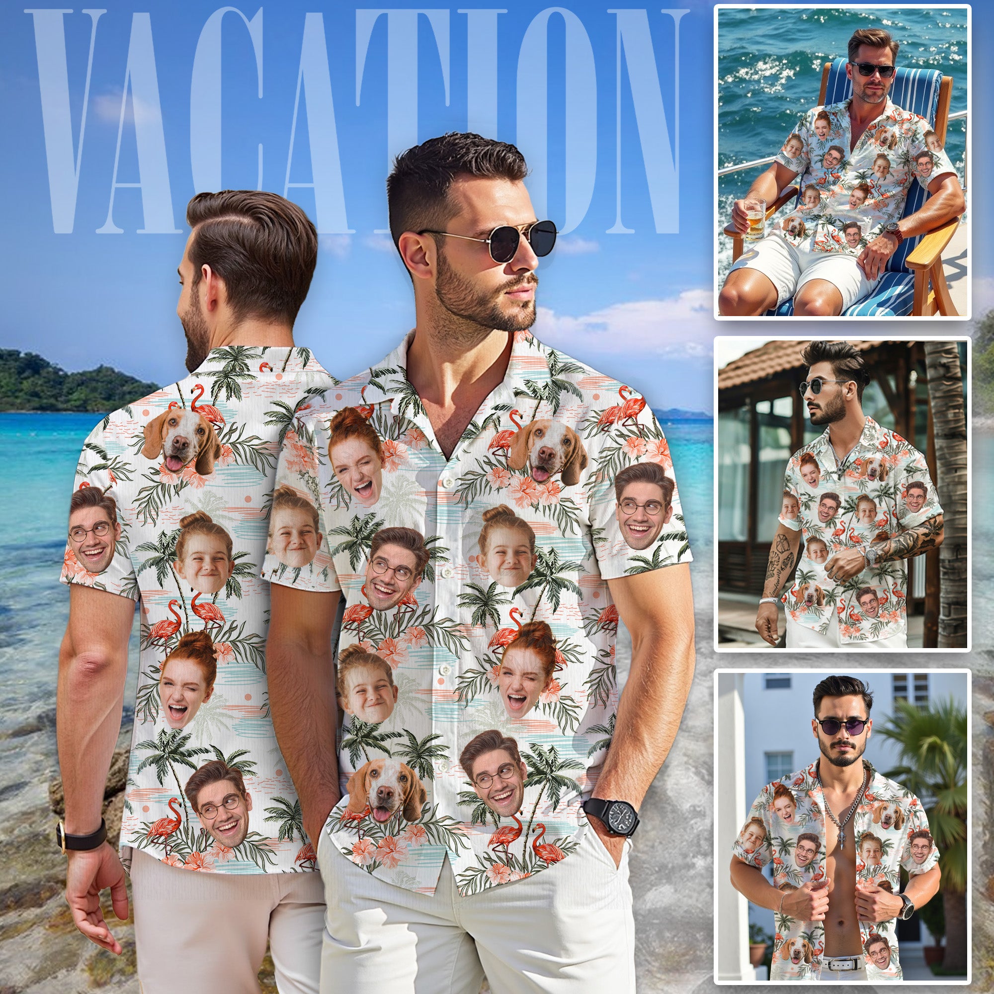 Custom Face Hawaiian Shirt, Personalized Flamingo & Palm Tree Aloha Beach Shirt, Family Vacation Gift, for Women & Husbands, for Beach, Anniversaries