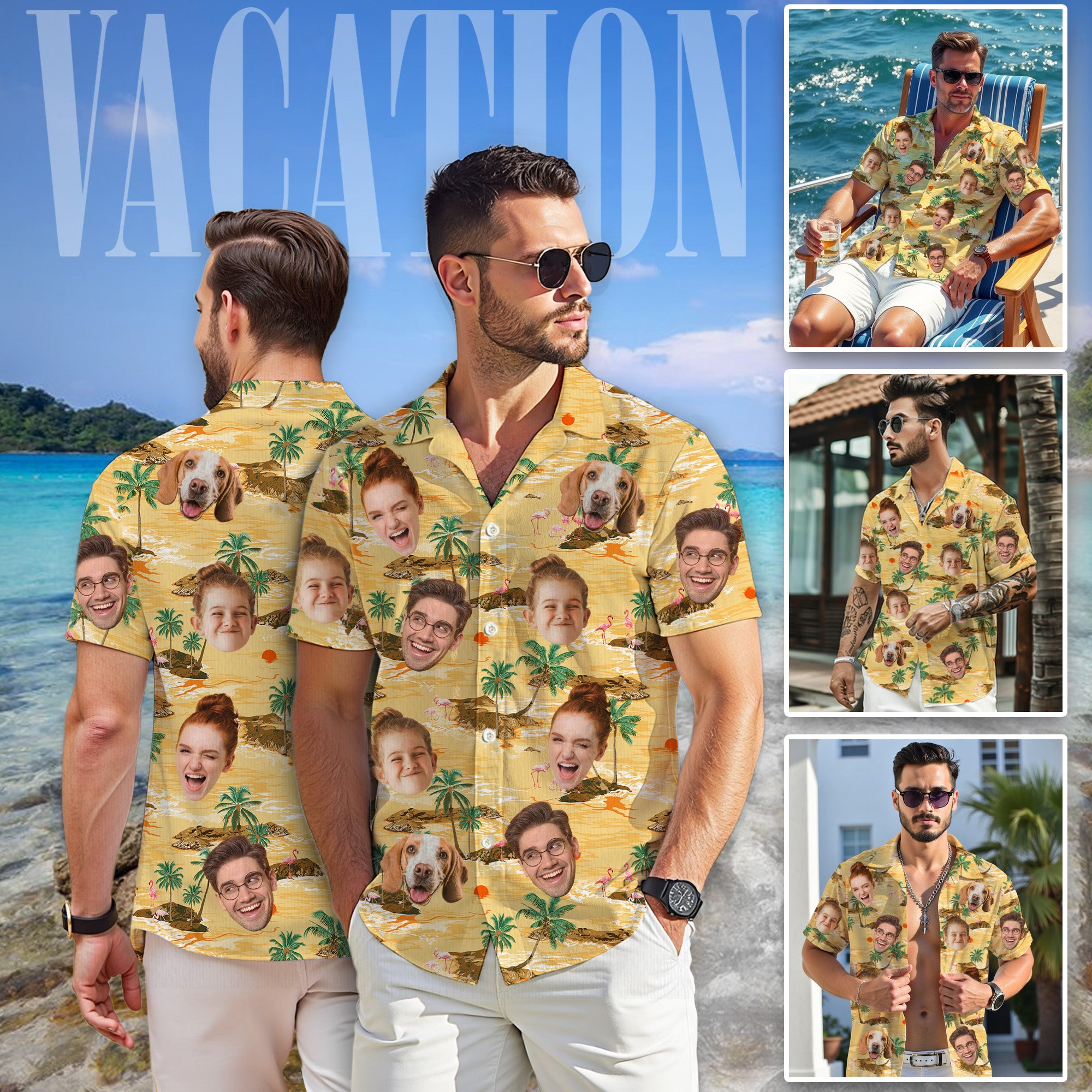 Custom Face Aloha Shirt for Men, Personalized Tropical Island Shirt with Family & Pet Faces, Beach Sunset Design, for Kids, Dads, and Husbands