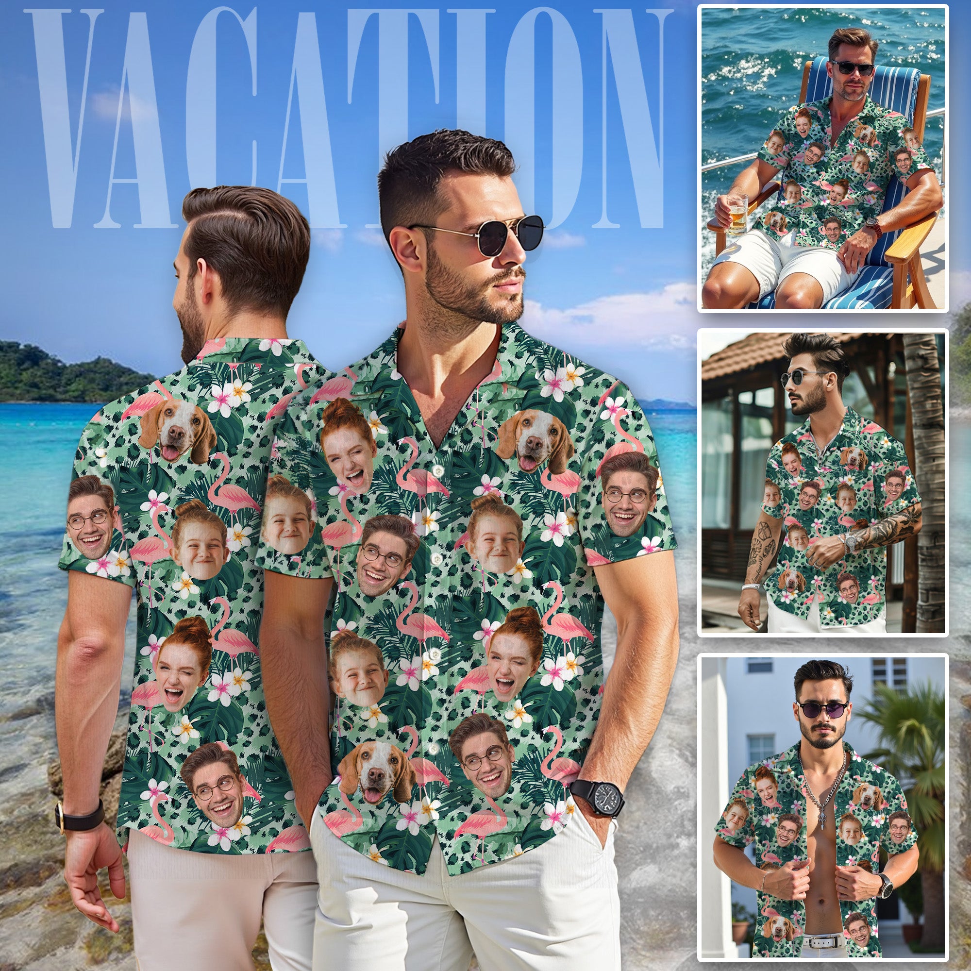 Custom Flamingo Hawaiian Shirt with Faces, Personalized Family Vacation Aloha Shirt with Pets & Tropical Flowers, Perfect for Beach Trips, Birthdays
