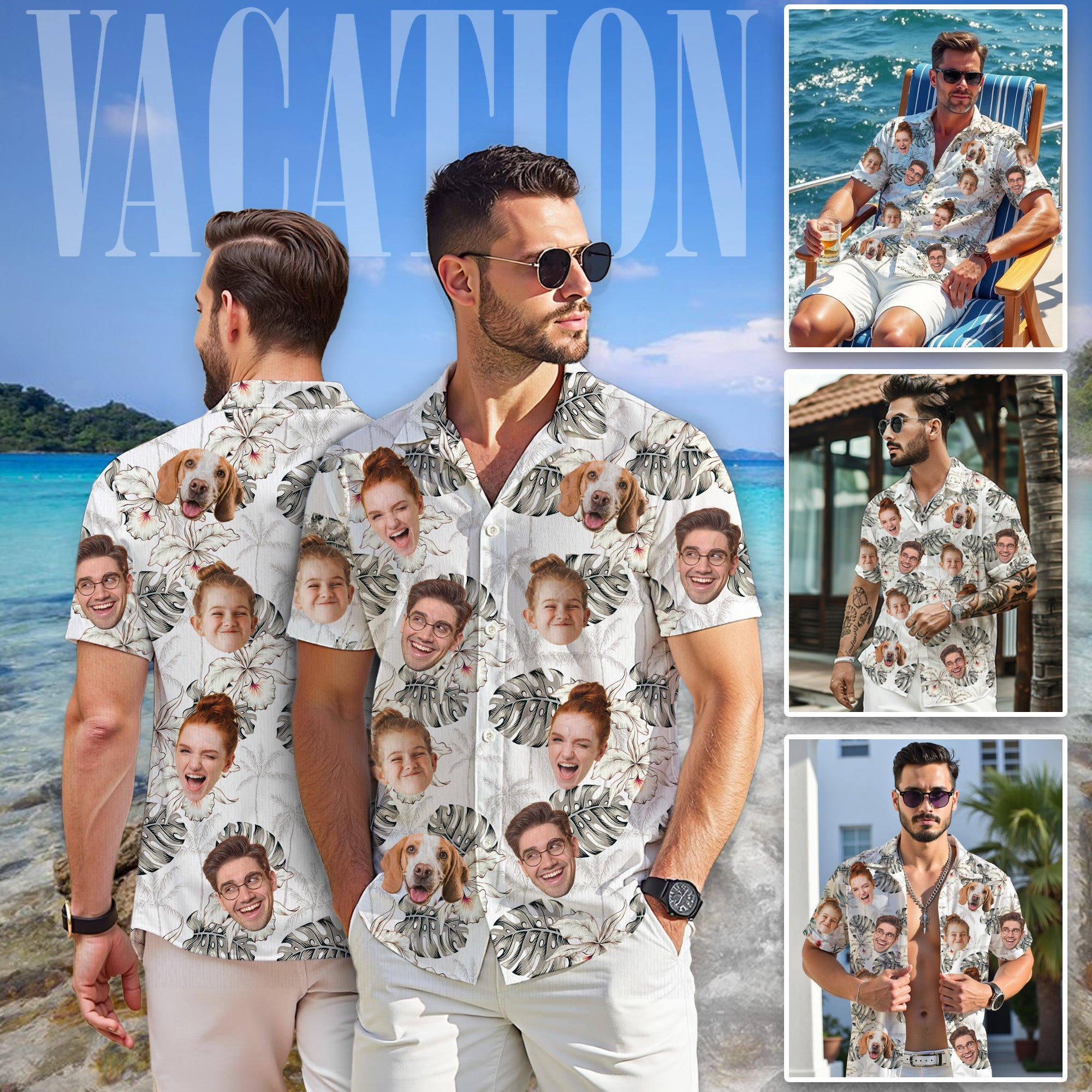 Custom Face Hawaiian Shirt, Personalized White Monstera Floral Shirt for Men, Funny Tropical Gift, For Boyfriends Husbands, Gift for Anniversaries