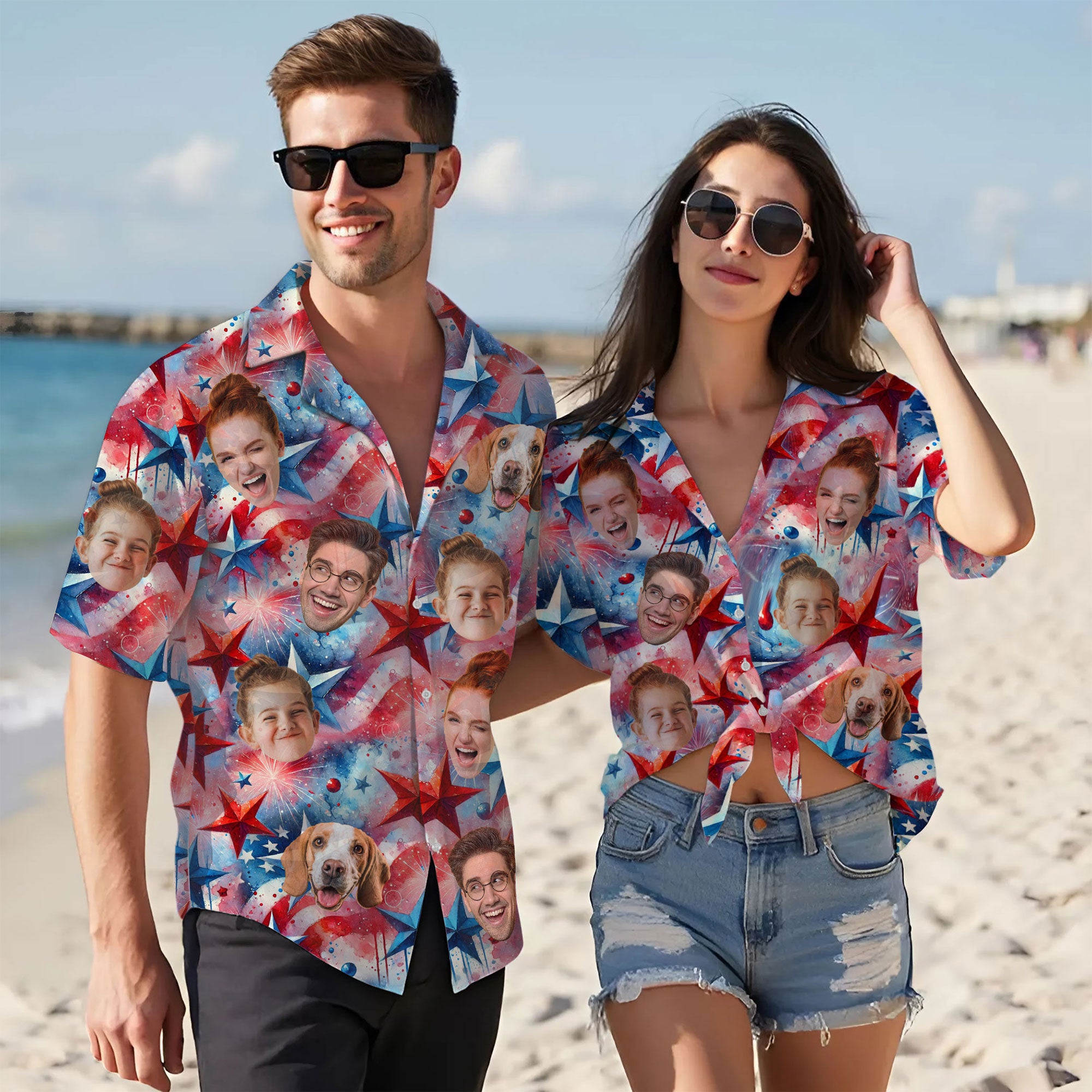 Custom Face Hawaiian Shirt, Personalized Red White Blue Star Shirt for Men, Fun Summer Gift, A Unique Gift for Dad or Husband on Father’s Day or Vacation