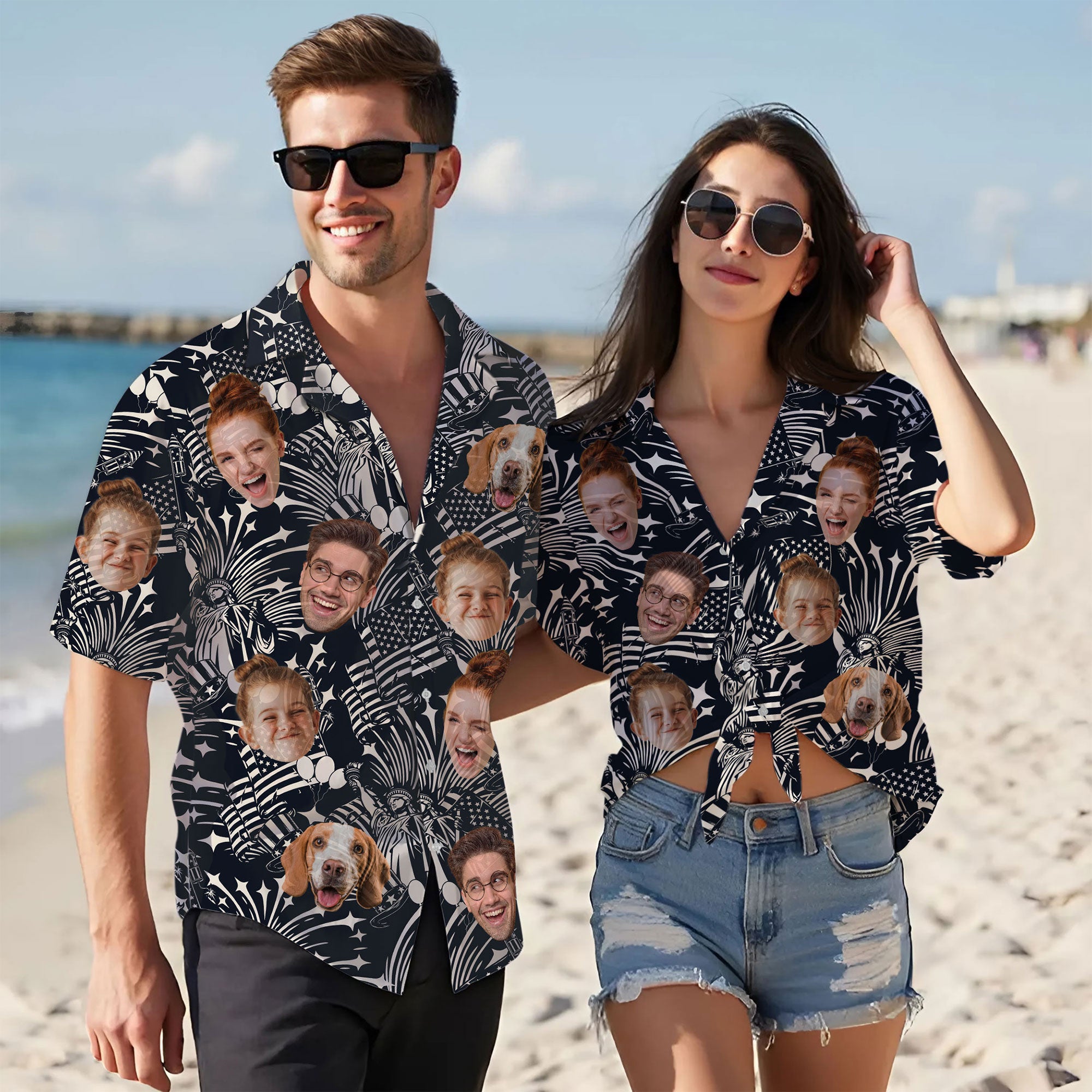 Custom Face Hawaiian Shirt, Personalized Patriotic Black & White Print Shirt for Men, Funny Gift for Dad, July 4th Celebration
