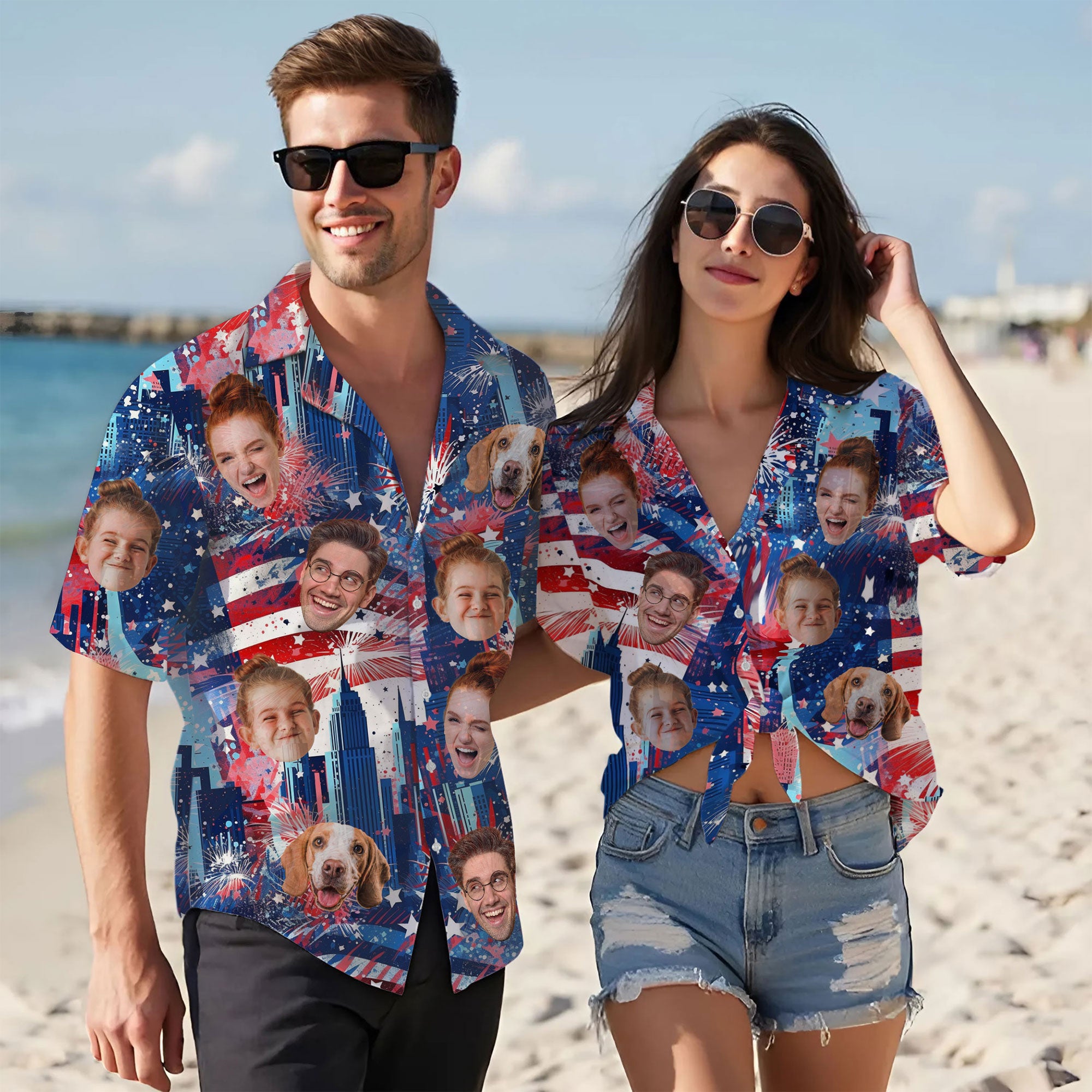 Custom Face Hawaiian Shirt, Personalized Firework City Skyline Shirt for Men, Independence Day Gift, Memorial Day Shirt