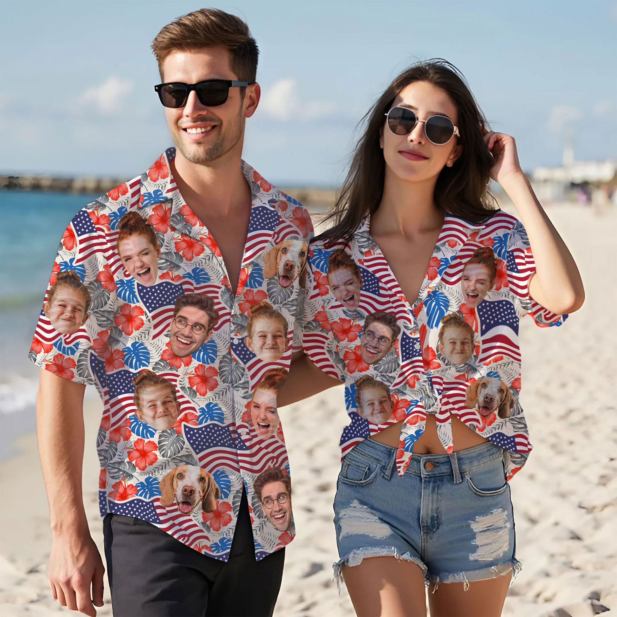 Custom Face Hawaiian Shirt, Personalized USA Flag Hibiscus Floral Shirt, 4th of July Gift for Husband, Fun Summer Shirt