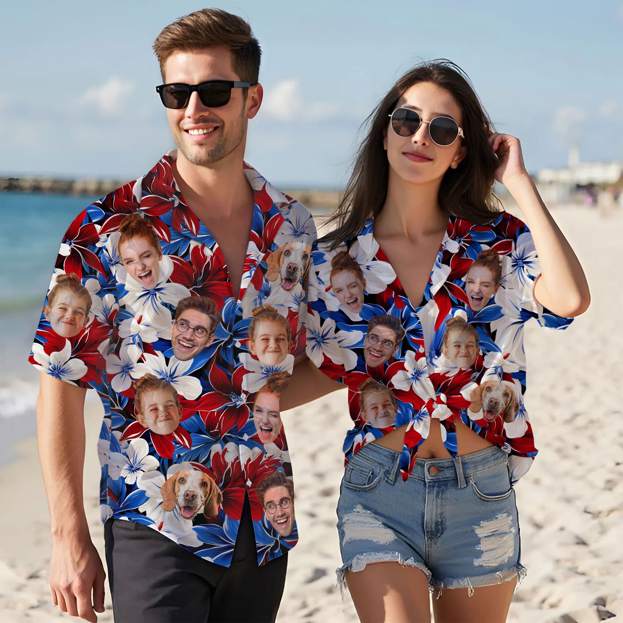 Custom Face Hawaiian Shirt, Personalized Bold Red White Blue Hibiscus Shirt for Men, Cool Father's Day Gift
