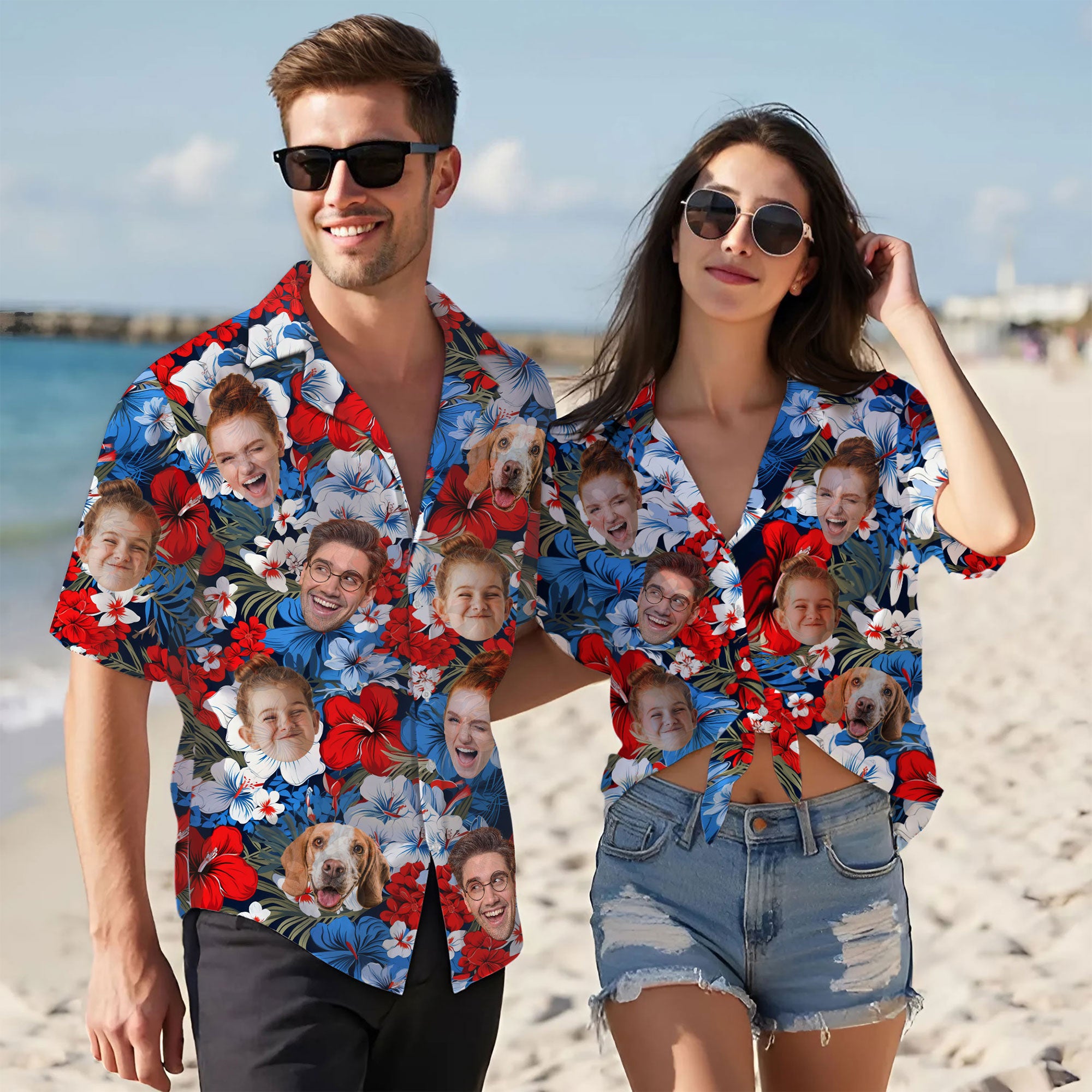 Custom Face Hawaiian Shirt, Personalized Retro Floral July 4th Shirt for Men, Patriotic Summer Vacation Shirt