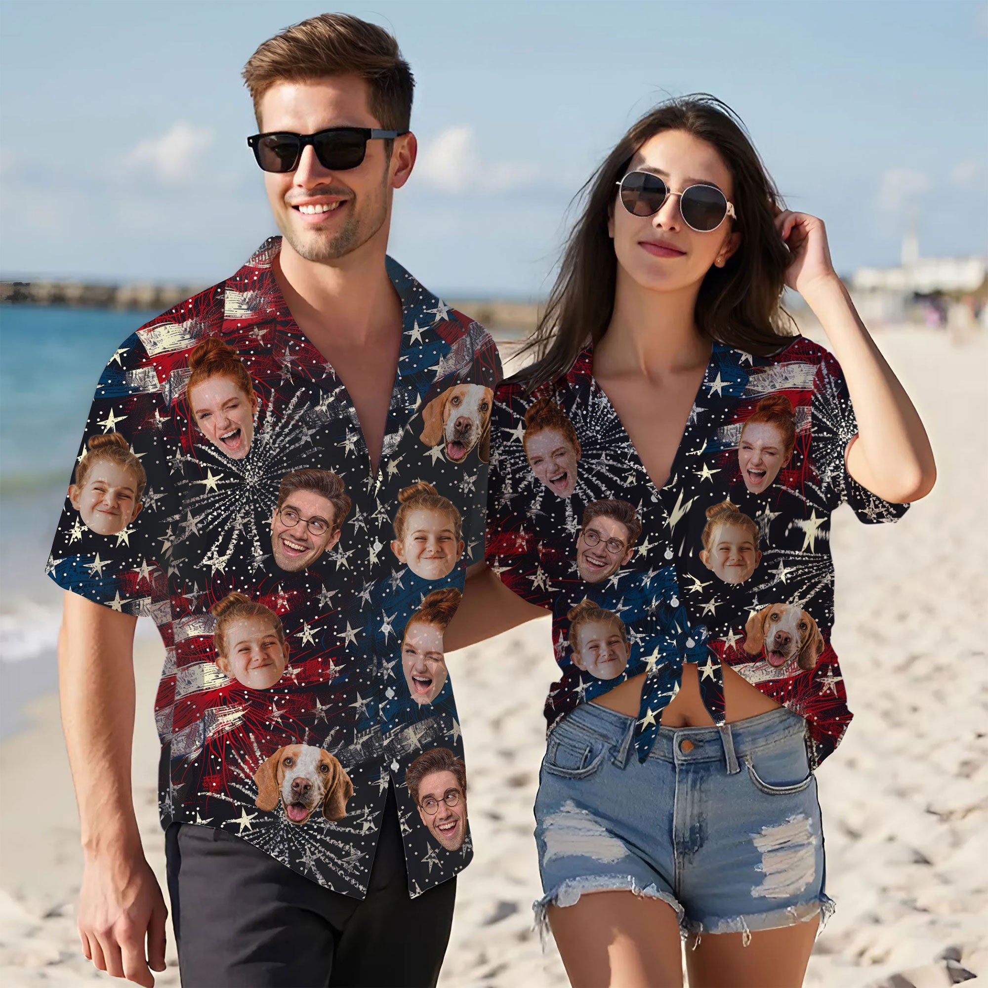 Custom Face Hawaiian Shirt, Personalized Firework & Star Celebration Shirt for Men, Funny Gift for Dad on 4th of July