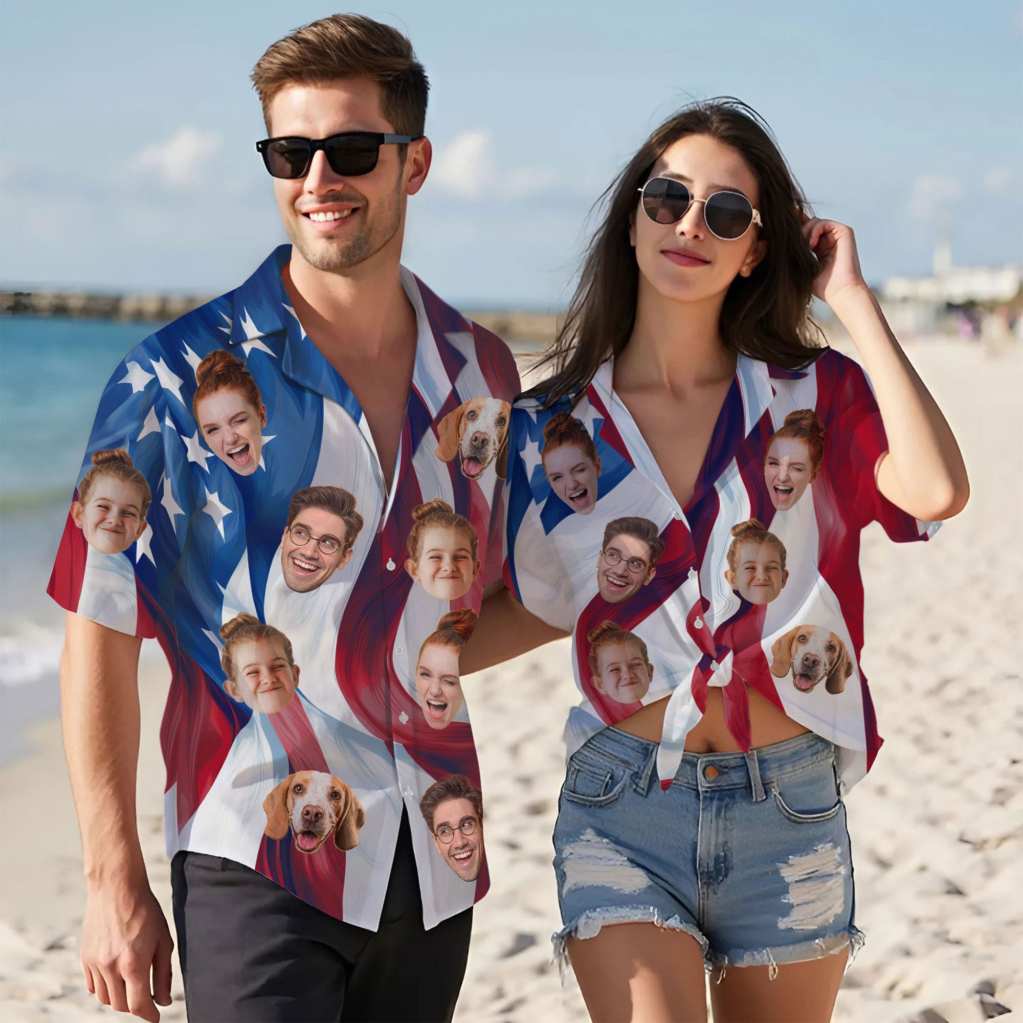 Custom Face Hawaiian Shirt, Personalized USA Flag Waves Shirt for Men, Minimalist Patriotic Shirt, July 4th Gift