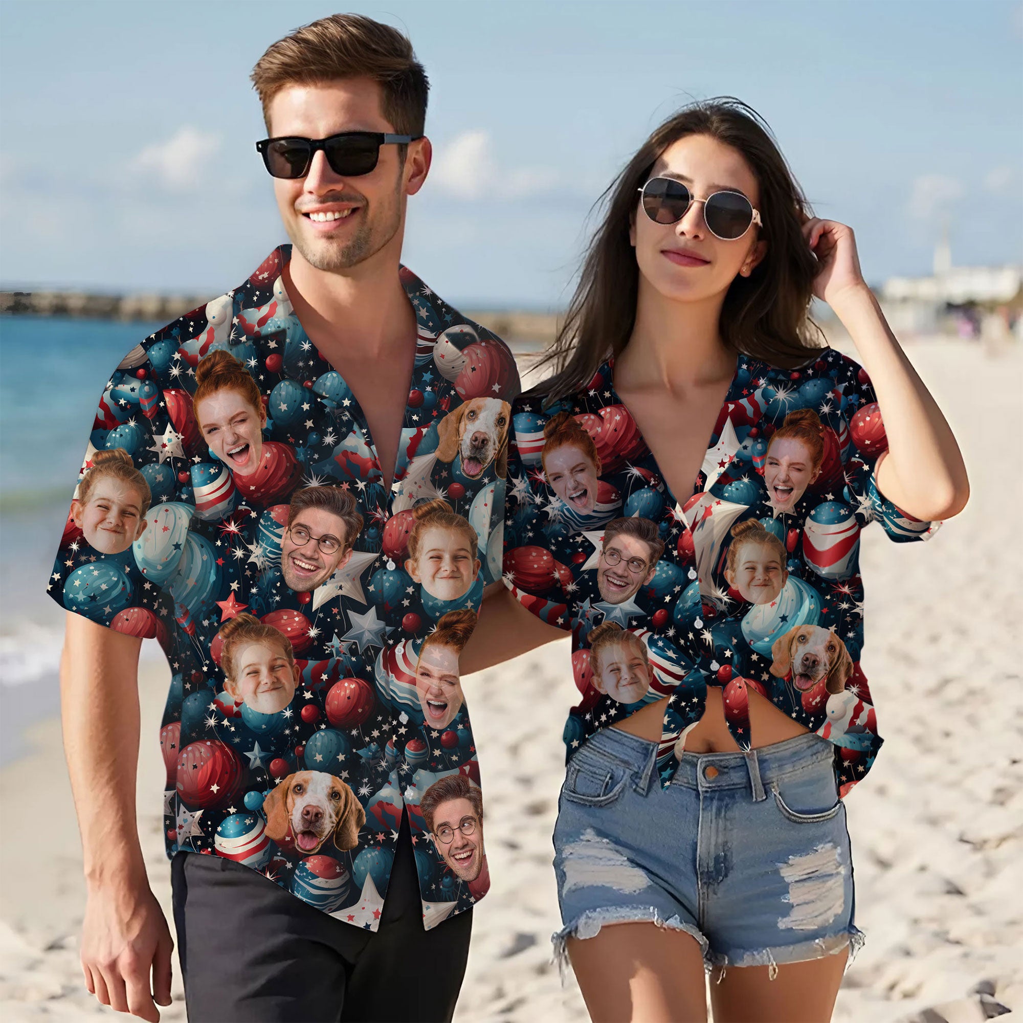 Custom Face Hawaiian Shirt, Personalized Star & Ornament Themed Shirt for Men, Unique 4th of July Gift