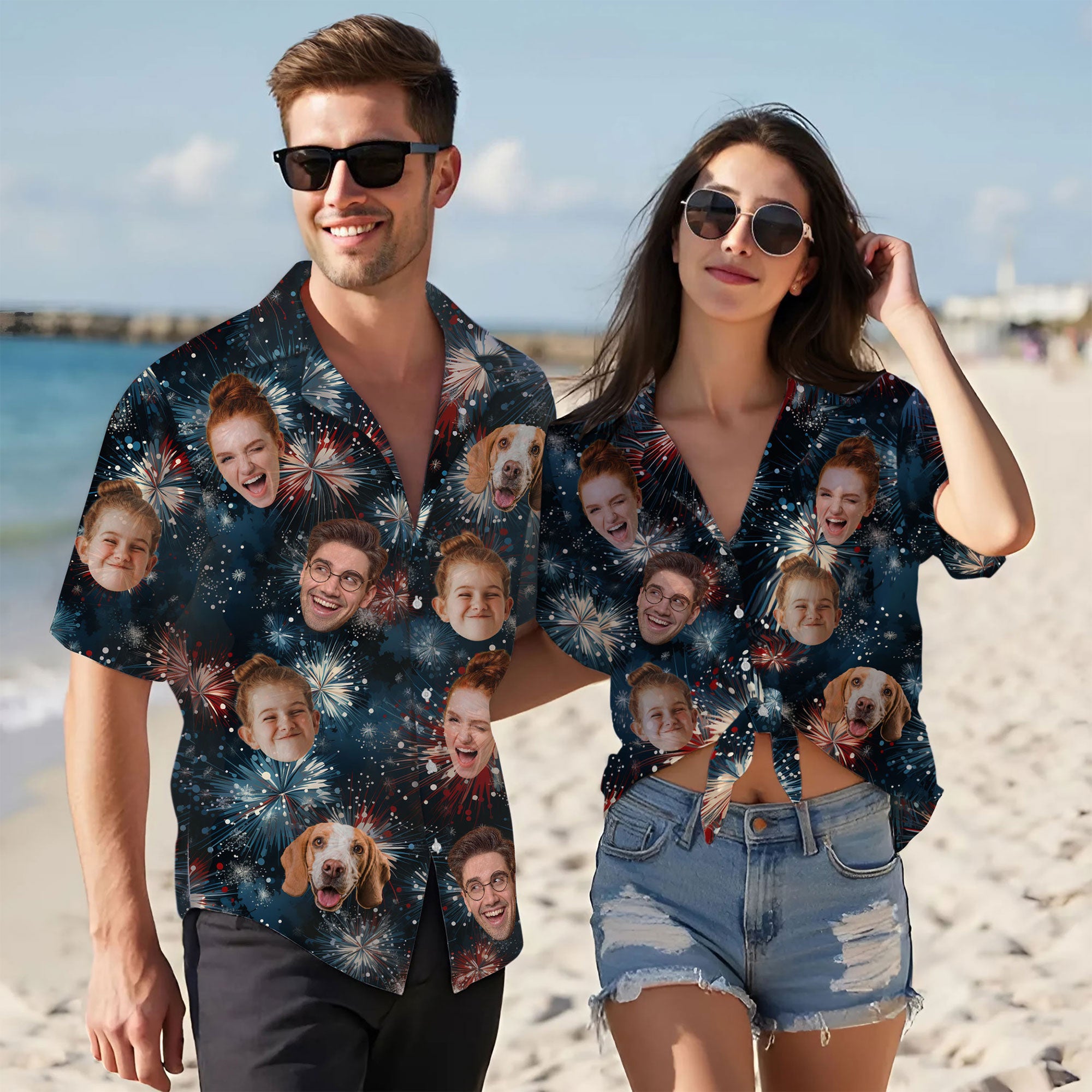 Custom Face Hawaiian Shirt, Personalized Fireworks Show Shirt for Men, Independence Day Celebration Shirt, Gift for Husband