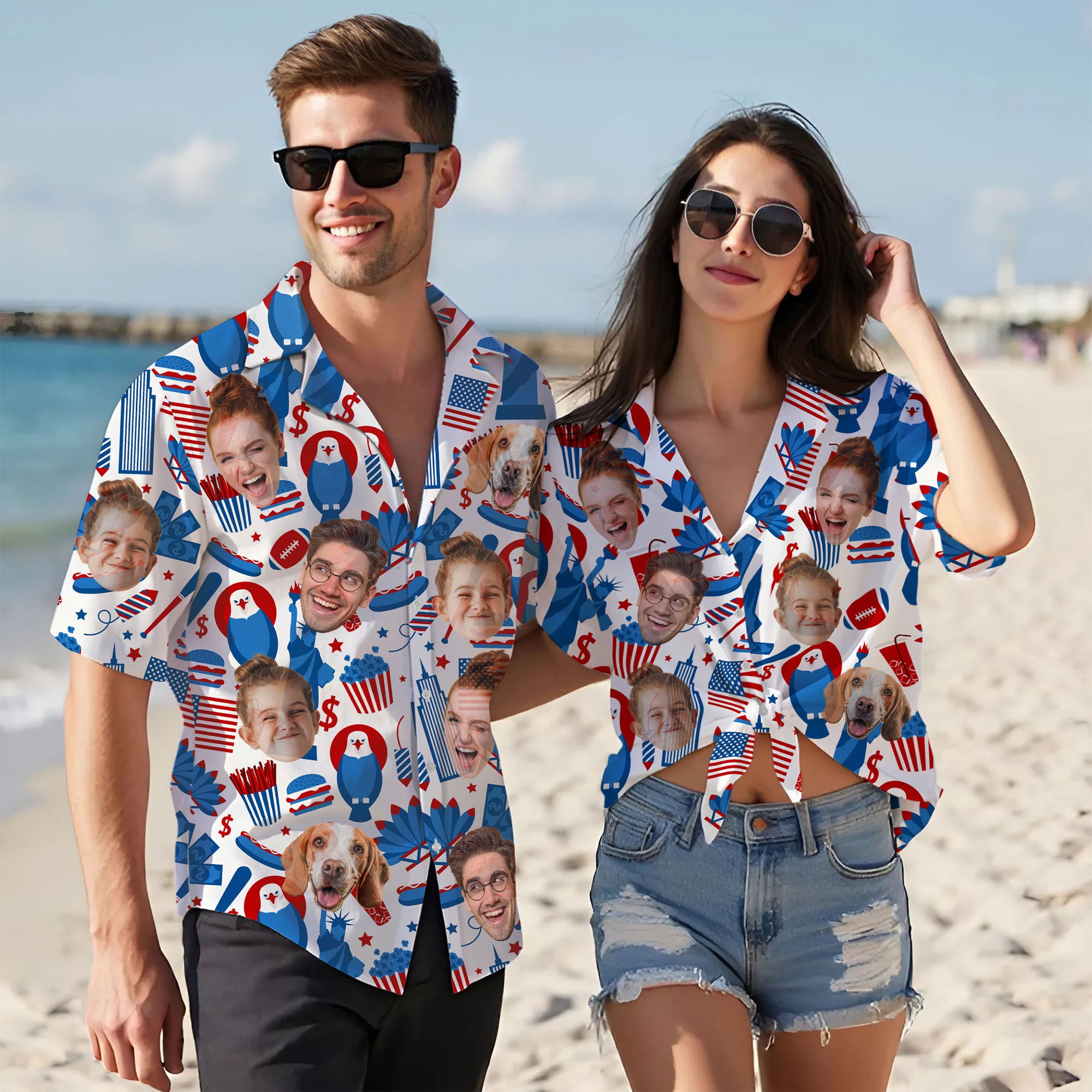 Personalized Face Print Hawaiian Shirt, Red Blue Star Shirt for Men, Summer Gift Idea, Thoughtful Custom Gift for Dad on Birthday or Anniversary