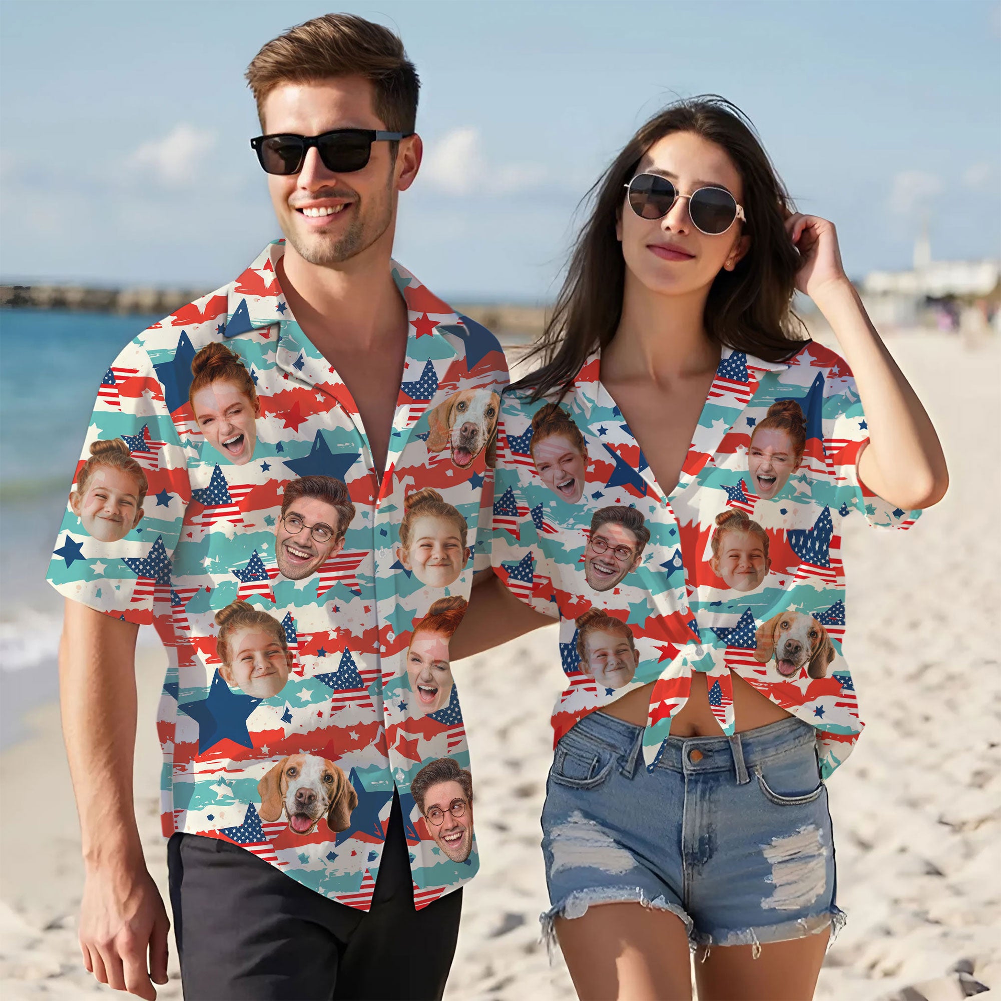 Custom Face Hawaiian Shirt, Personalized America Map Pattern Shirt for Men, Stars and Stripes Gift, Great for July 4th or Family Parties
