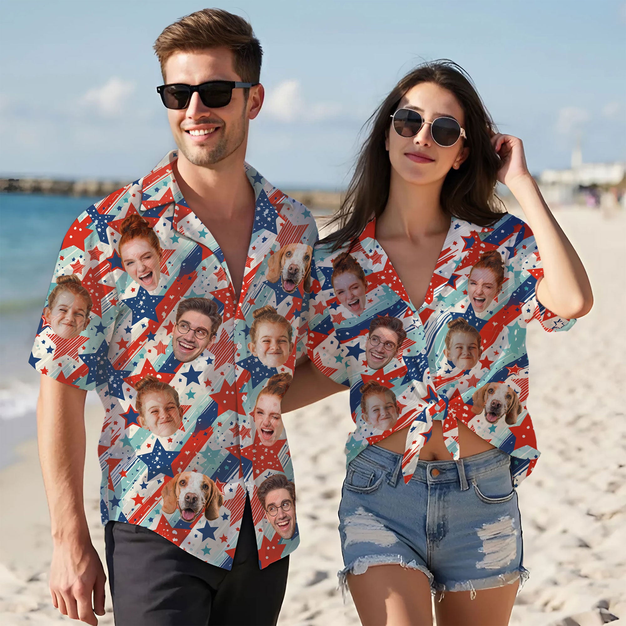 Custom Face Hawaiian Shirt, Personalized USA Fireworks Shirt for Men, Red White Blue Shirt, Patriotic Gift for Him on Holiday
