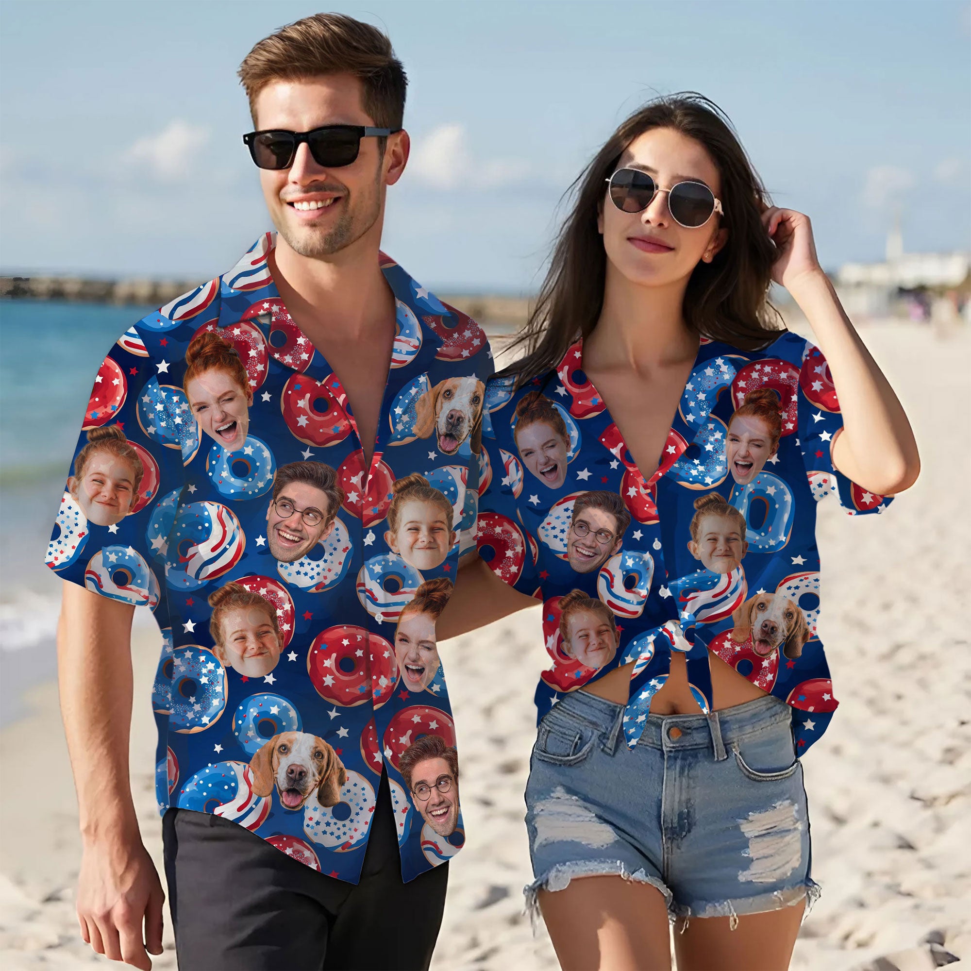 Custom Face Hawaiian Shirt, Personalized Donut and Stars Pattern Shirt for Men, Funny 4th of July Gift, Summer Shirt for Friends or Husband