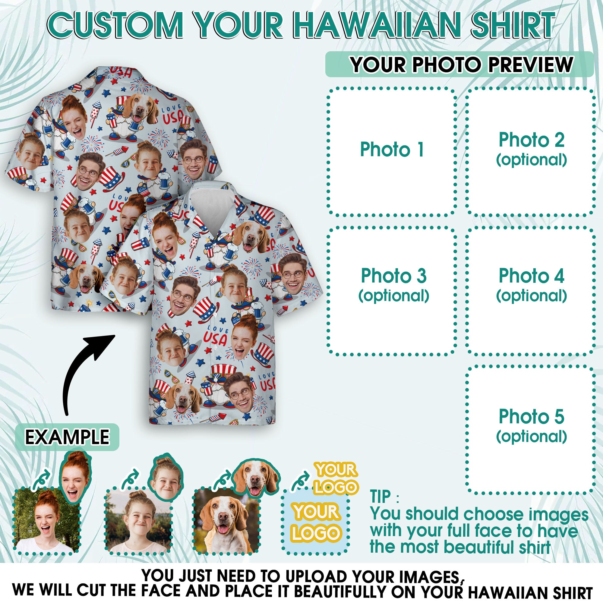 Custom Face Hawaiian Shirt, Personalized 4th of July Shirt for Men, Funny Patriotic Gift, A Special Summer Shirt for Husband or Boyfriend