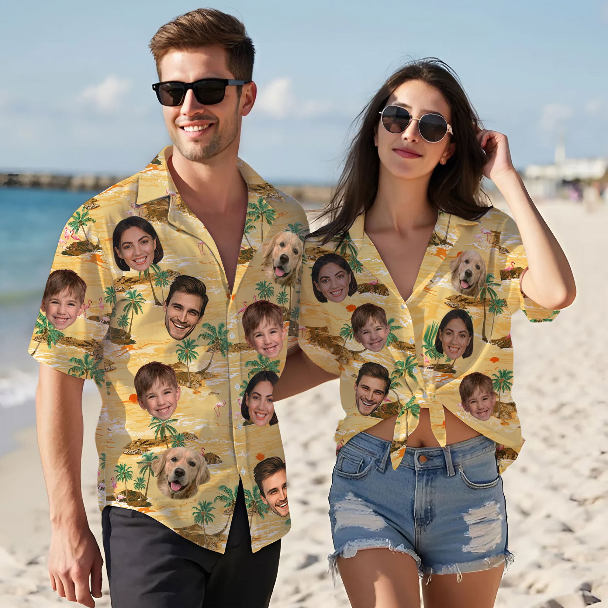 Custom Face Aloha Shirt for Men, Personalized Tropical Island Shirt with Family & Pet Faces, Beach Sunset Design, for Kids, Dads, and Husbands