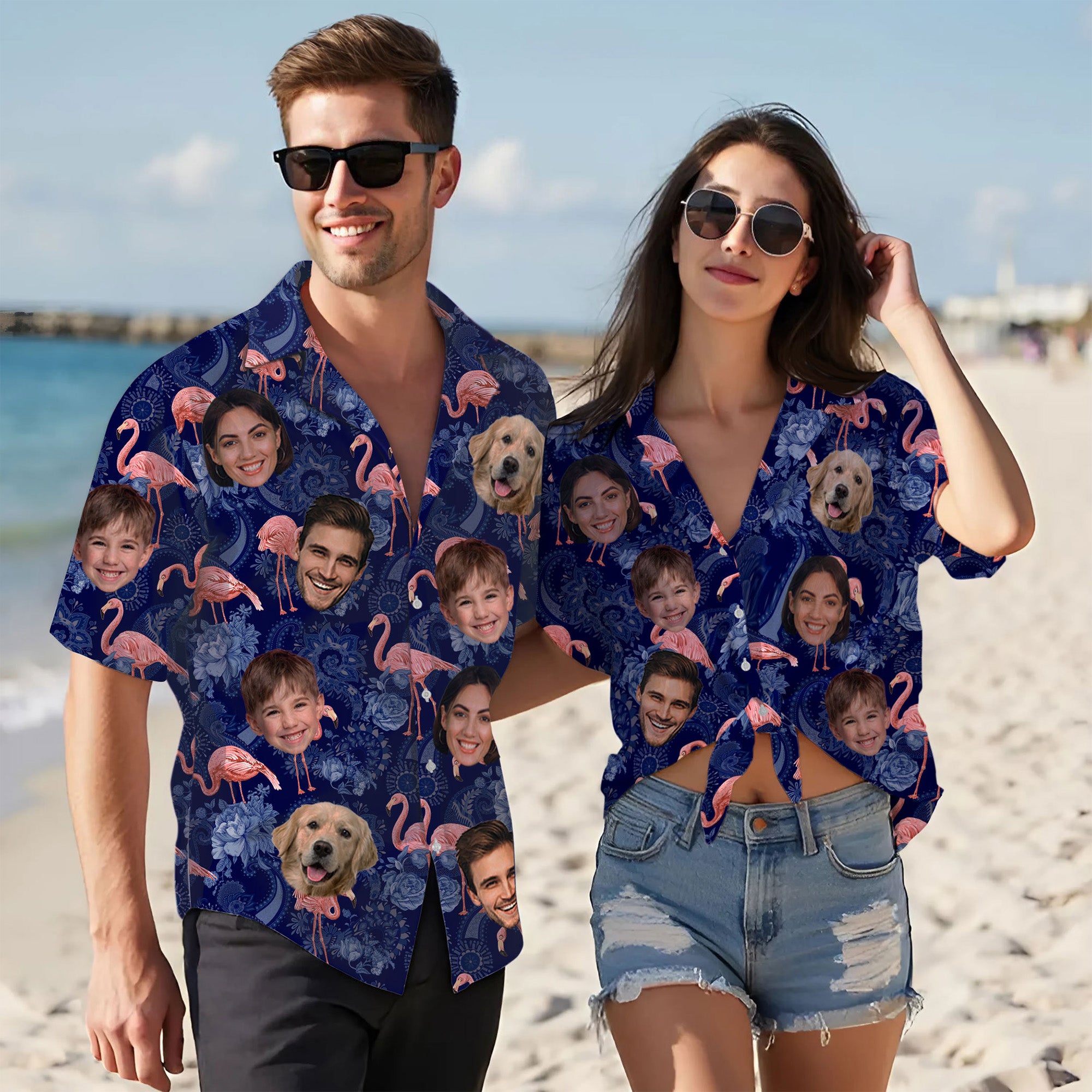 Custom Face Hawaiian Shirt, Personalized Flamingo Family Photo Shirt, For Men, Dads, and Friends, Gift for Birthdays, Vacations, or Anniversaries