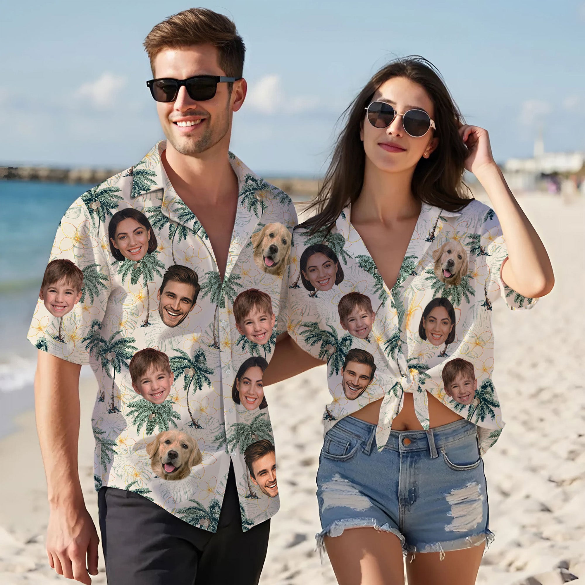 Custom Face Hawaiian Shirt for Men, Personalized Vacation Shirt with Family & Pet Faces, Palm Tree, for Dads, and Husbands, Gift for Anniversaries