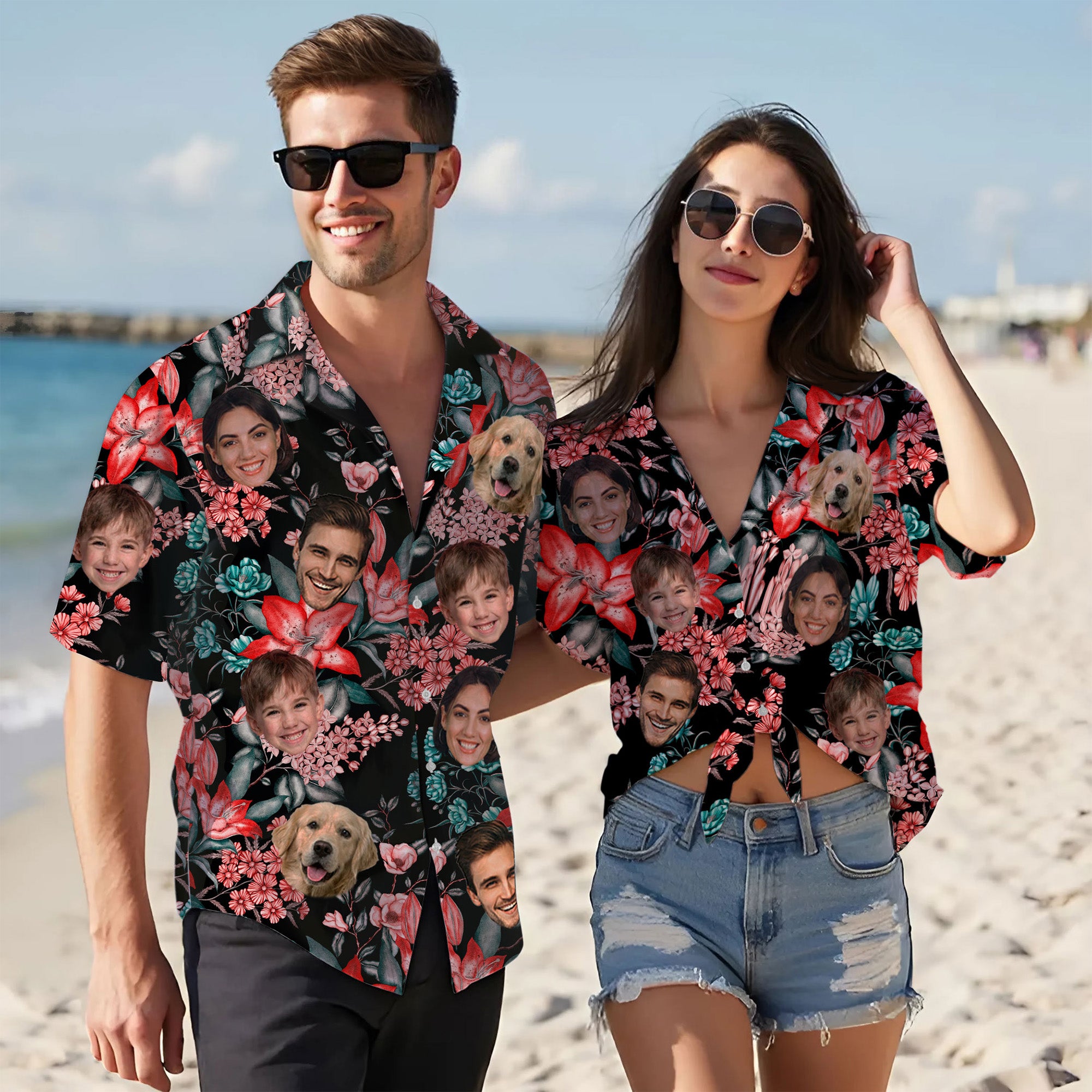Custom Face Shirt, Personalized Black Floral Hawaiian Shirt for Men, for Friends & Husbands, Perfect Gift for Vacations, Birthdays, or Father’s Day