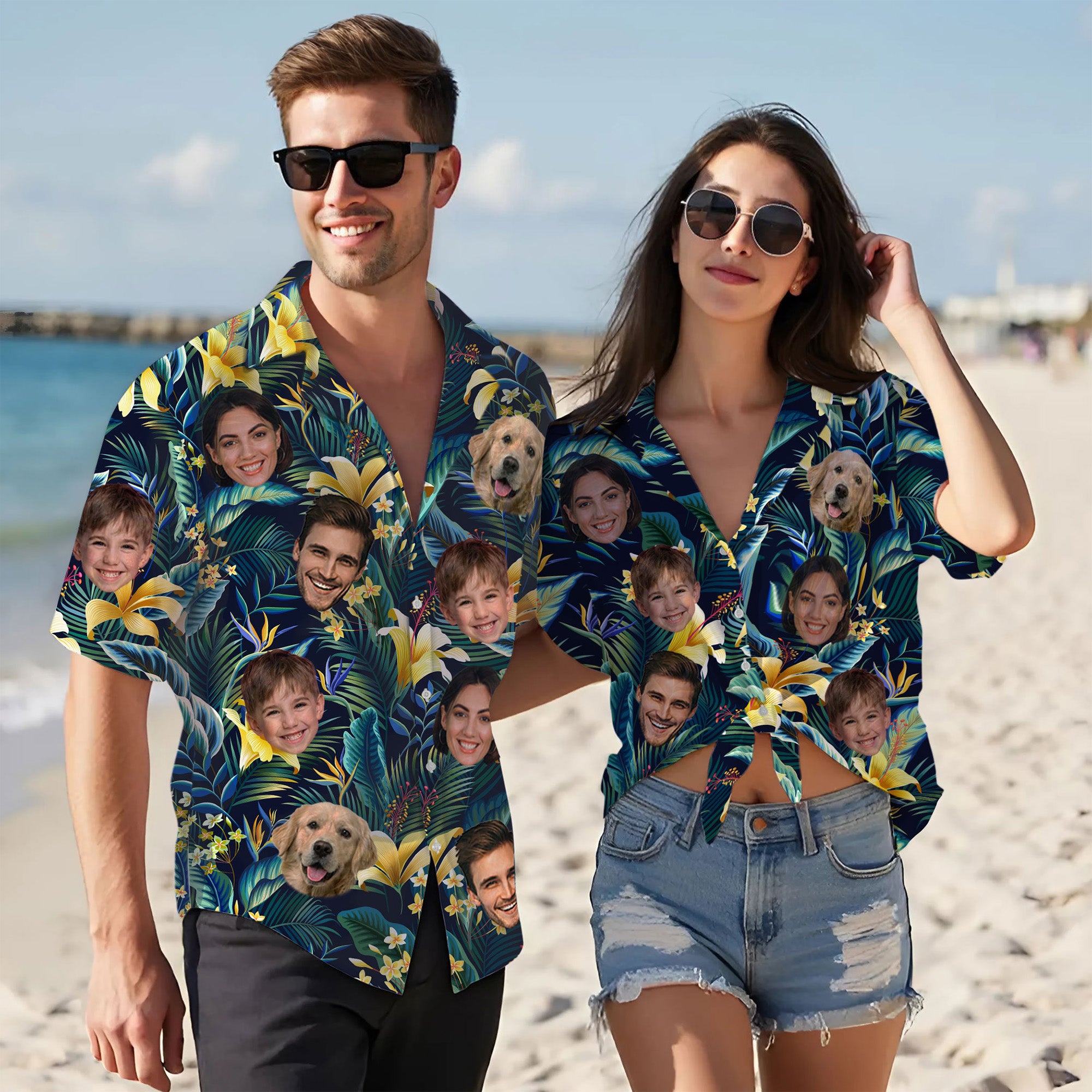 Custom Face Tropical Shirt, Personalized Yellow Lily, Jungle Leaves Hawaiian Shirt, Summer Vacation Gift, For Boyfriends, for Father’s Day or Holidays