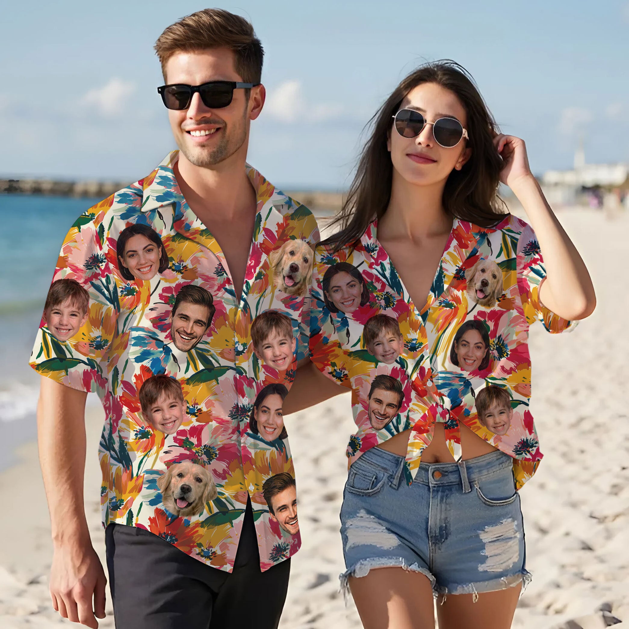 Custom Face Shirt, Personalized Colorful Floral Hawaiian Shirt for Men, Summer Vacation Gift, For Kids & Dads, Family Trips or Birthday Celebrations