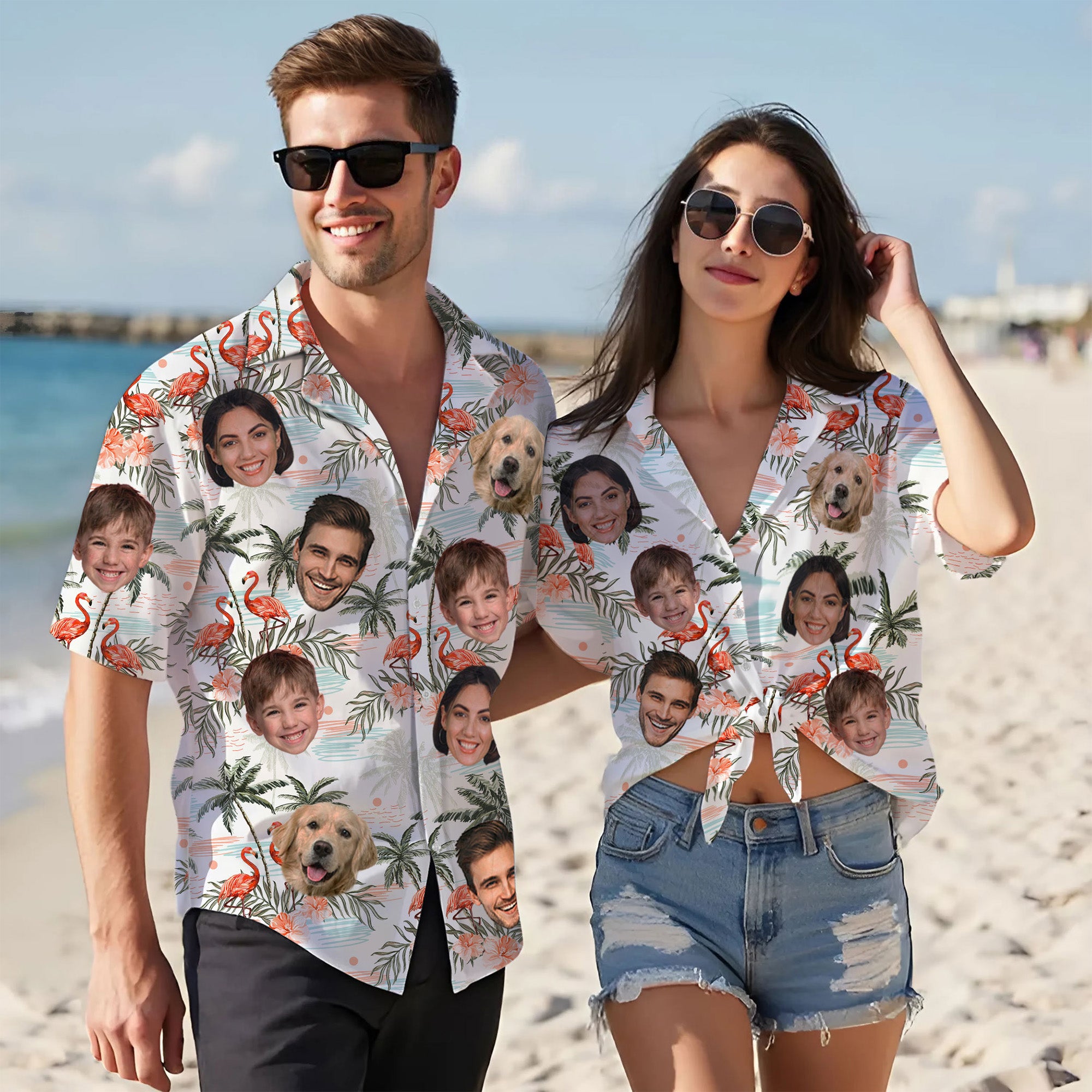 Custom Face Hawaiian Shirt, Personalized Flamingo & Palm Tree Aloha Beach Shirt, Family Vacation Gift, for Women & Husbands, for Beach, Anniversaries