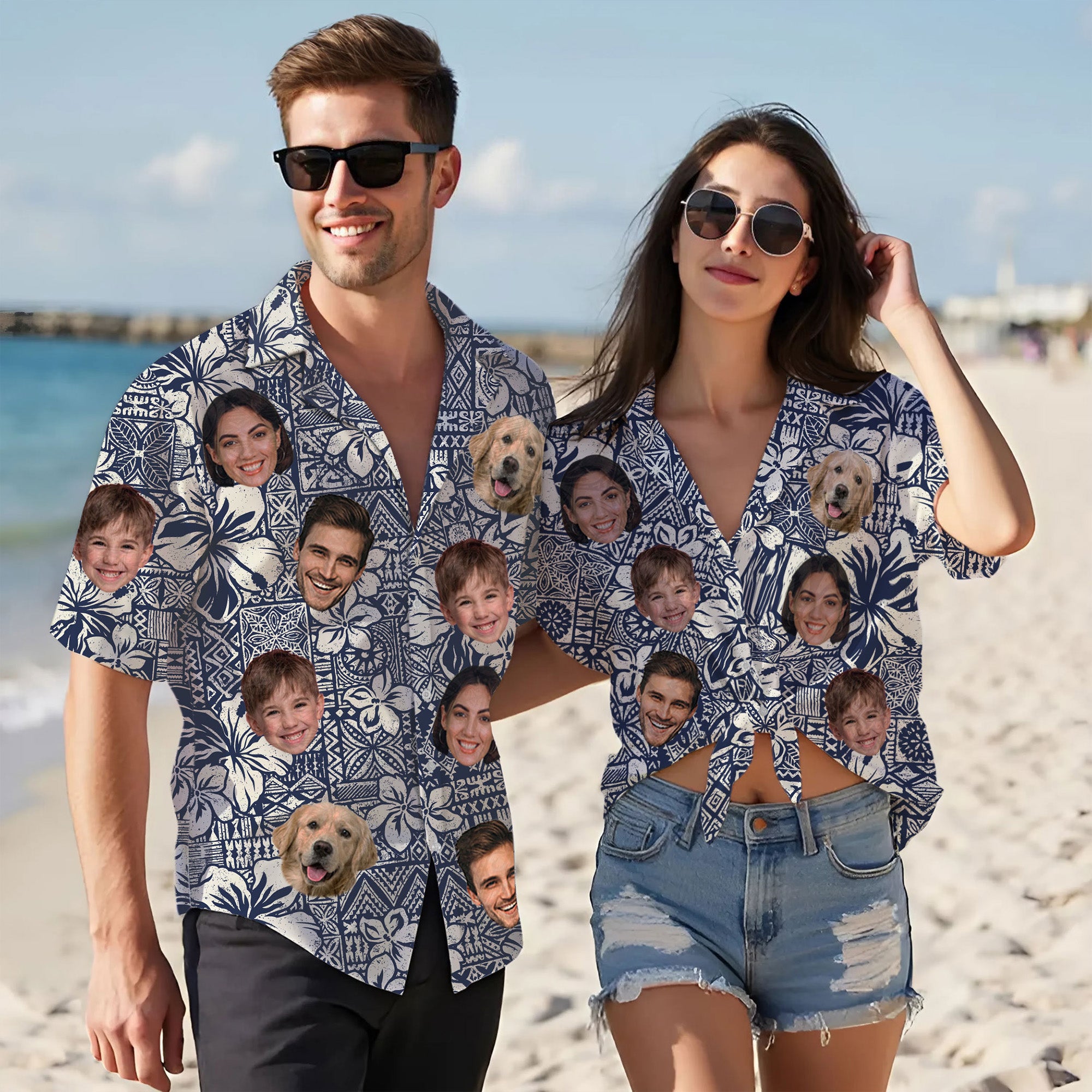 Custom Face Hawaiian Shirt for Men, Personalized Aloha Shirt with Family & Pet Faces, Blue Tribal Floral Print, Gift for Birthdays, or Vacations