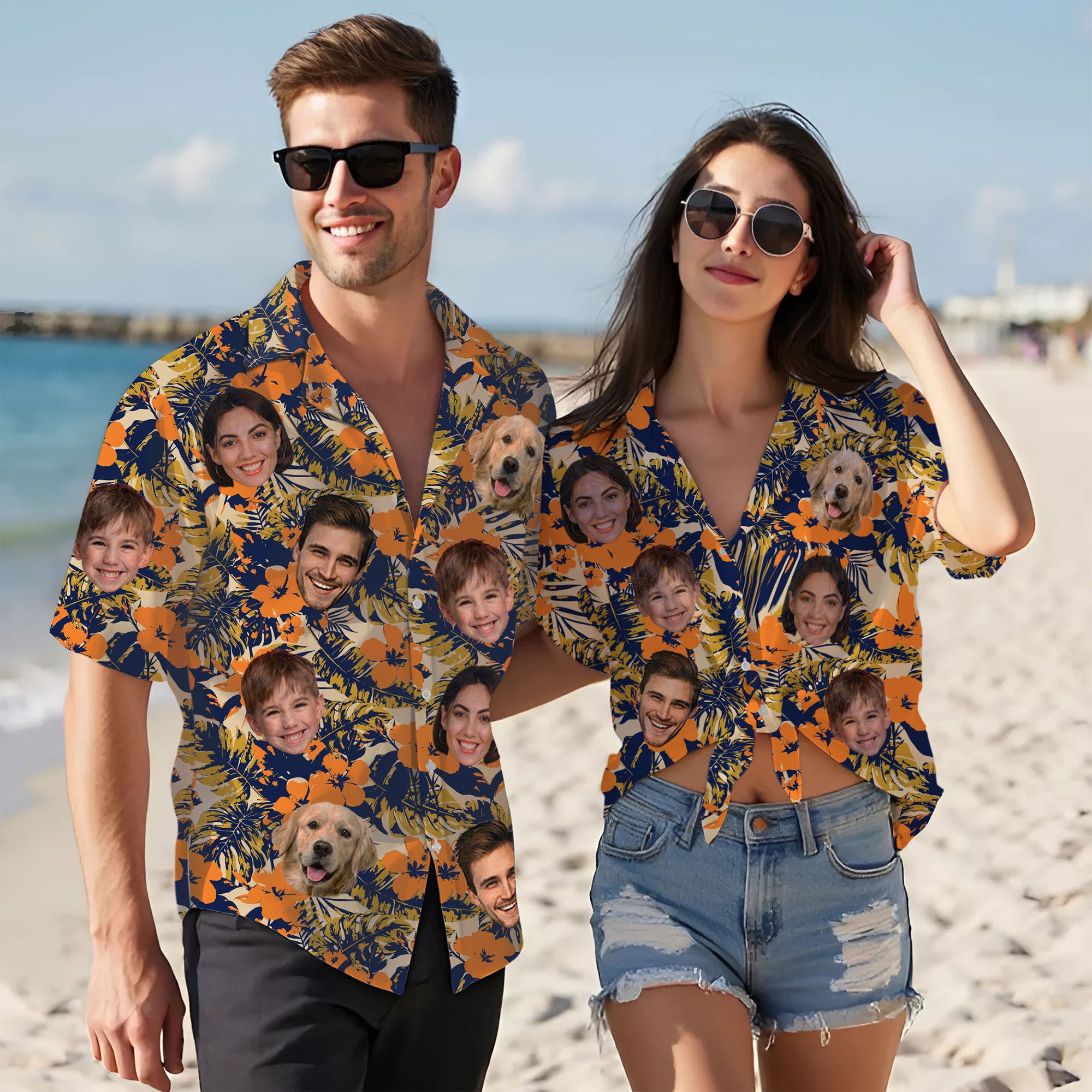 Custom Face Hawaiian Shirt, Personalized Orange Tropical Flower Shirt for Men, Funny Summer Vacation Gift, For Dads & Kids, For Father’s Day