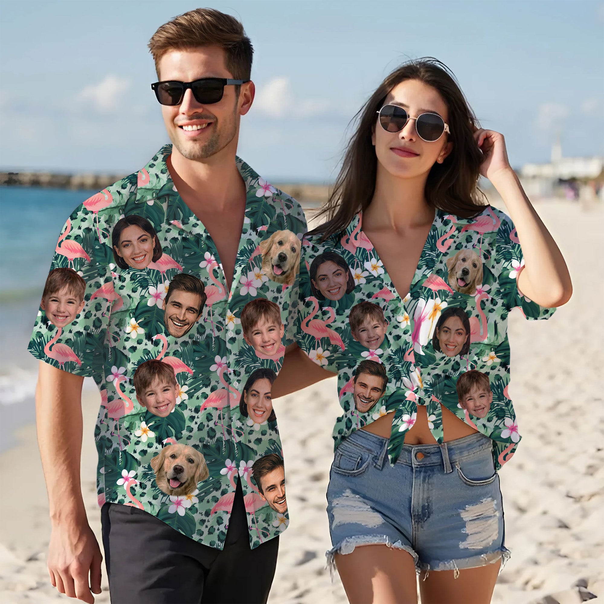 Custom Flamingo Hawaiian Shirt with Faces, Personalized Family Vacation Aloha Shirt with Pets & Tropical Flowers, Perfect for Beach Trips, Birthdays