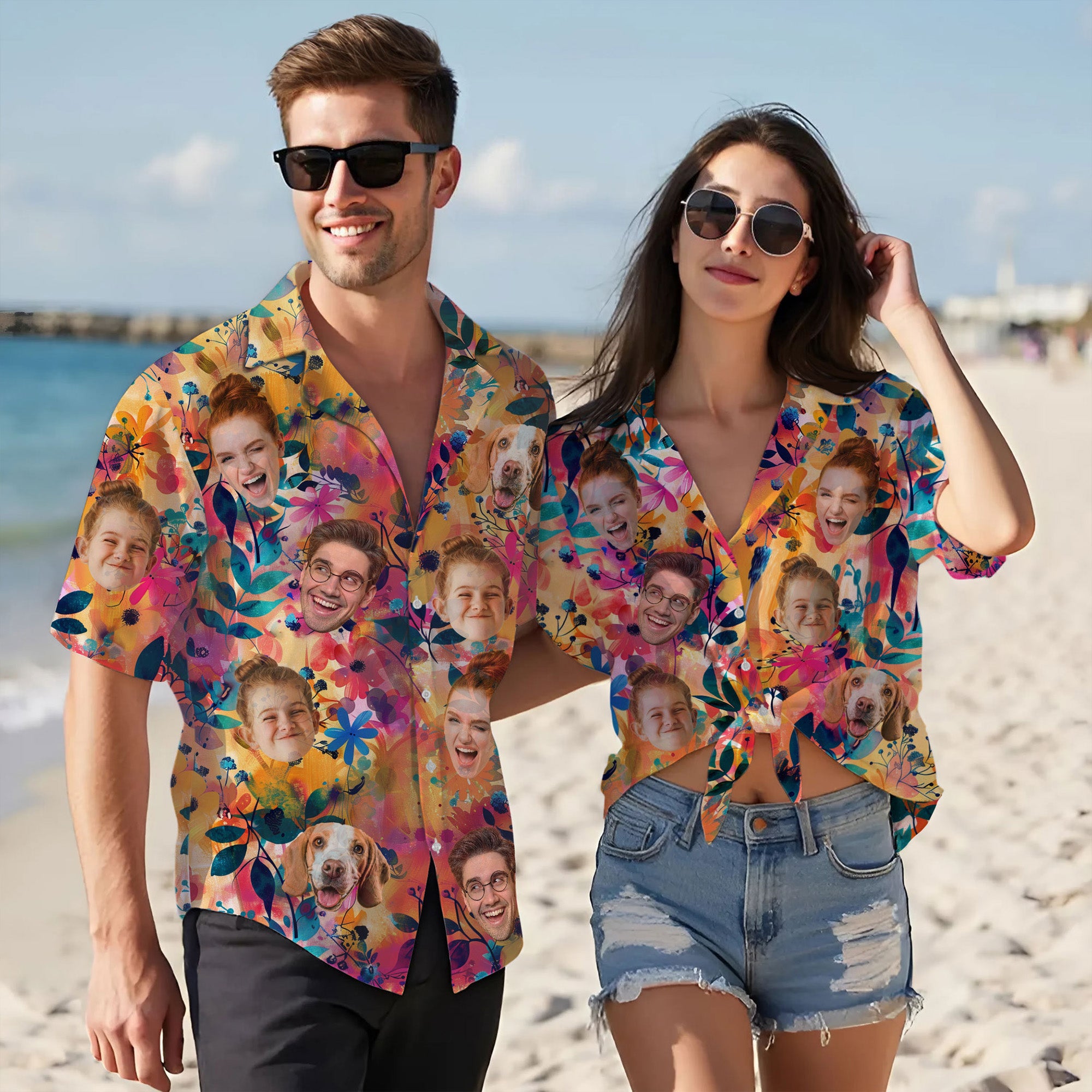 Custom Face Hawaiian Shirt, Personalized Tropical Floral Shirt with Family and Pet Faces, Funny Summer Vacation Gift for Men, for Dads, and Friends