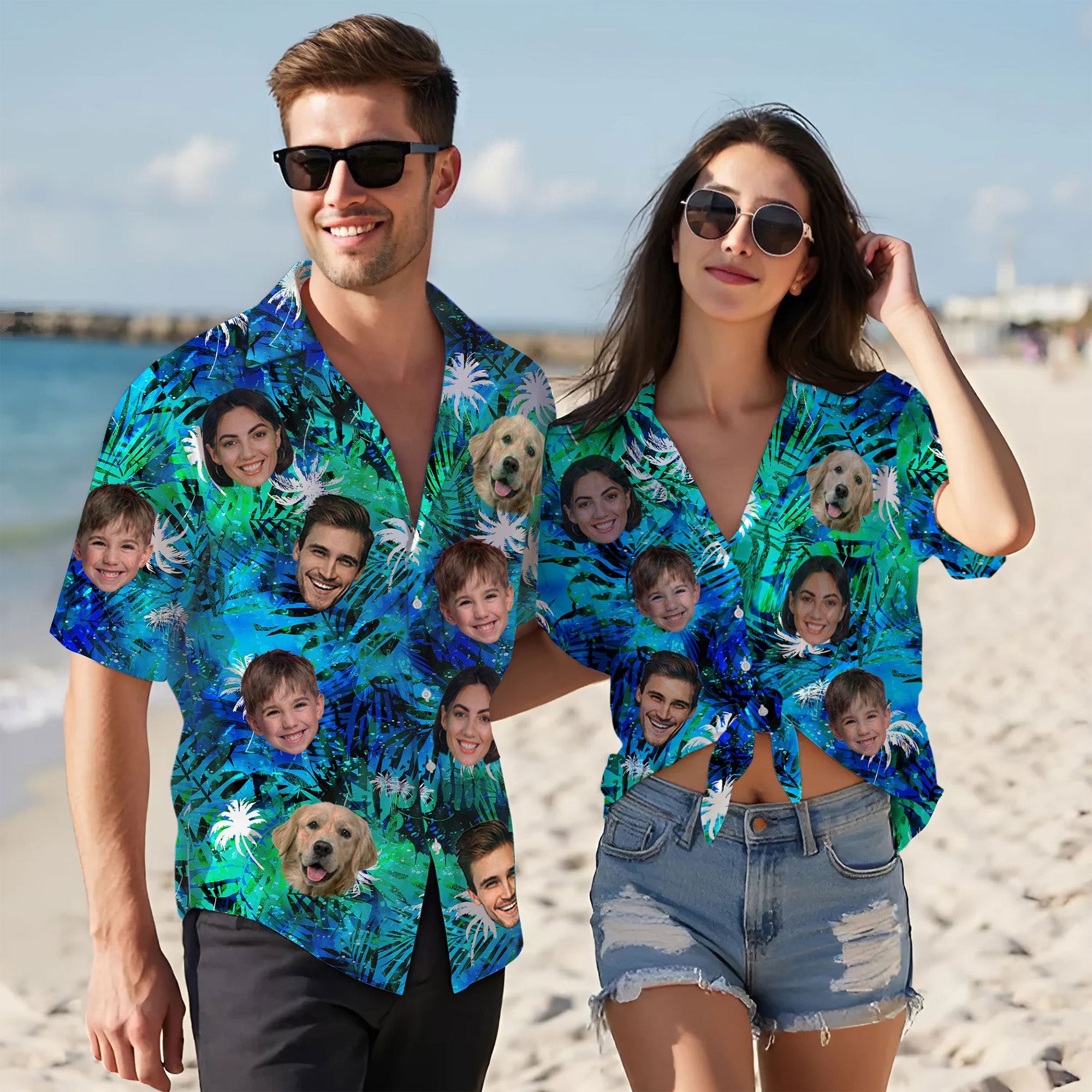 Custom Tropical Blue Hawaiian Shirt with Faces, Personalized Family Beach Vacation Shirt with Pet Photo, for Boyfriends, Husbands, for Special Days