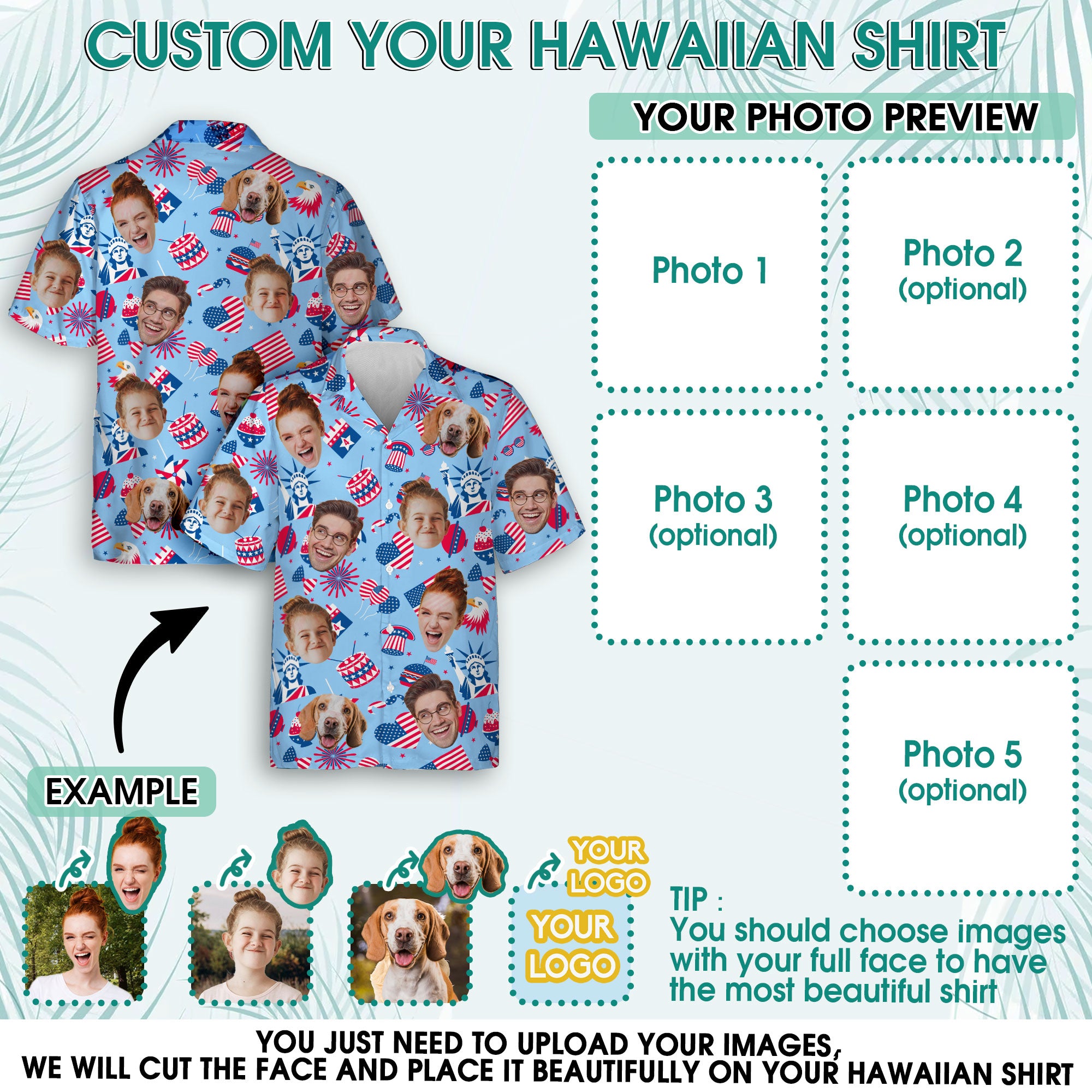 Custom Face Hawaiian Shirt, Personalized Independence Day Shirt for Men, USA Flag Shirt, Unique Gift for Dad or Friends