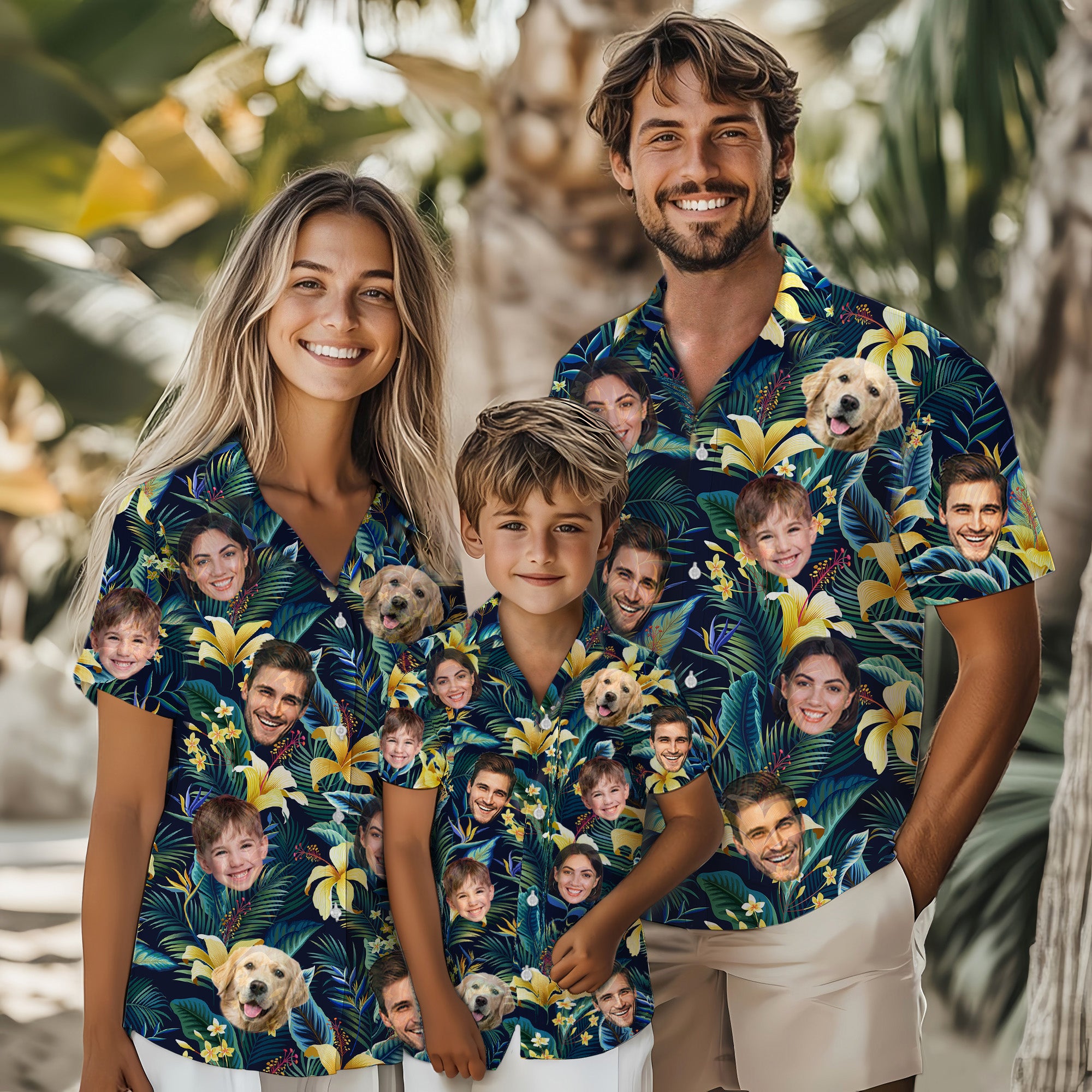 Custom Face Tropical Shirt, Personalized Yellow Lily, Jungle Leaves Hawaiian Shirt, Summer Vacation Gift, For Boyfriends, for Father’s Day or Holidays