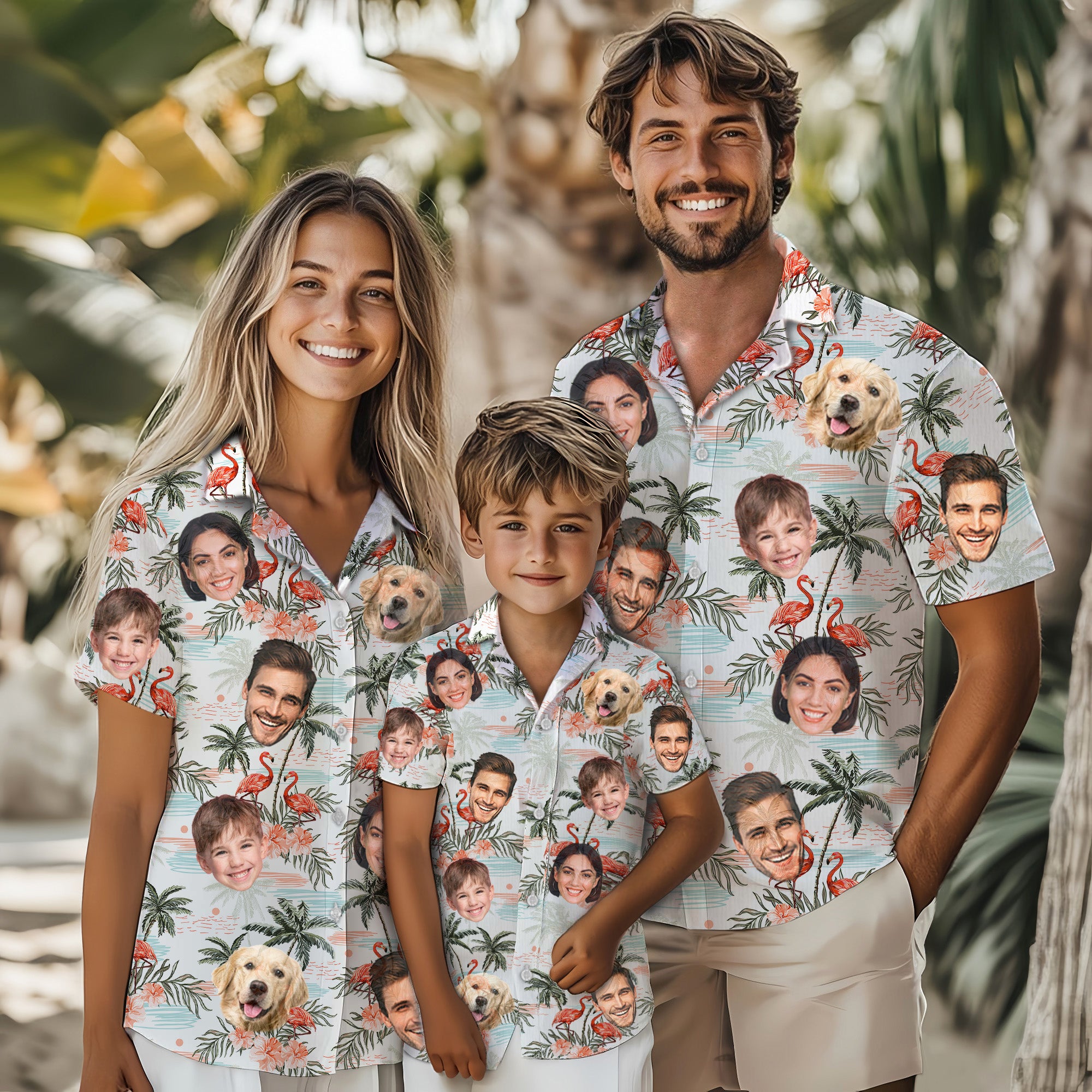Custom Face Hawaiian Shirt, Personalized Flamingo & Palm Tree Aloha Beach Shirt, Family Vacation Gift, for Women & Husbands, for Beach, Anniversaries