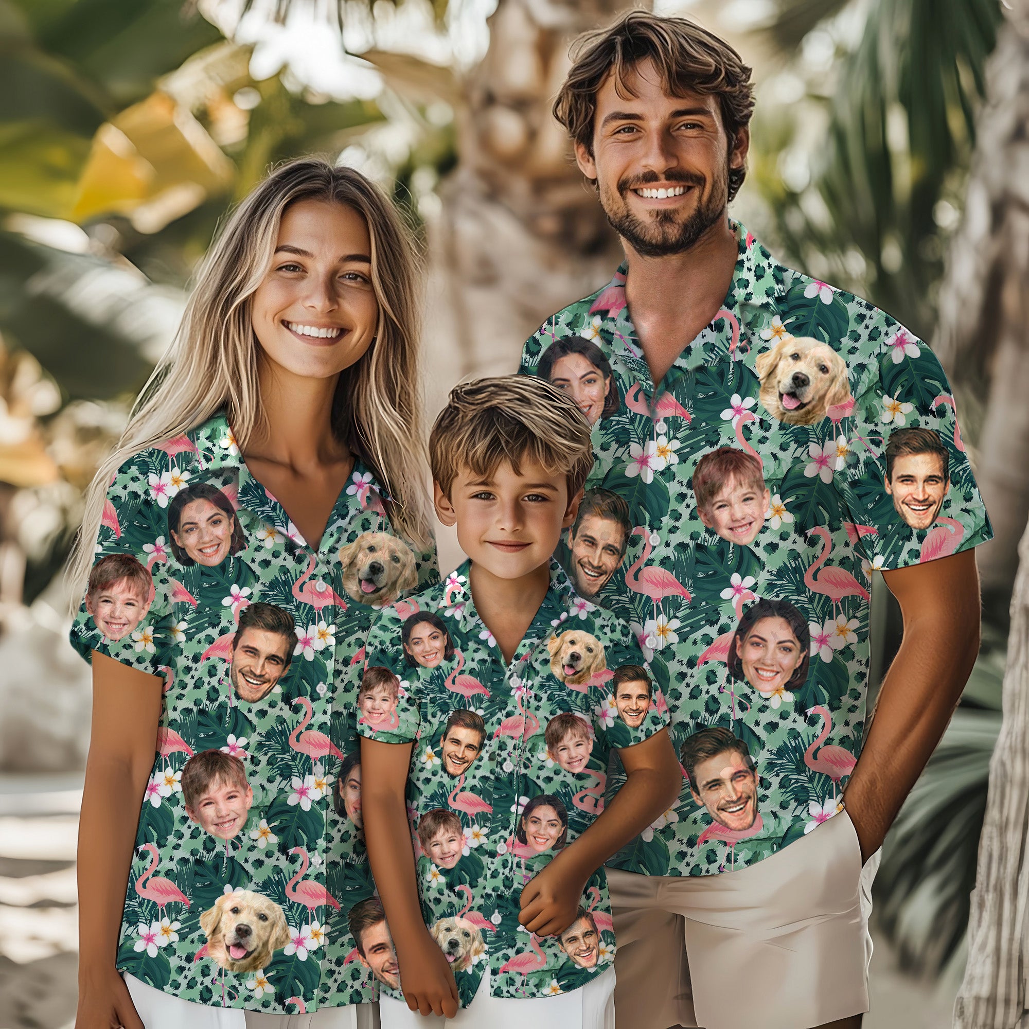 Custom Flamingo Hawaiian Shirt with Faces, Personalized Family Vacation Aloha Shirt with Pets & Tropical Flowers, Perfect for Beach Trips, Birthdays