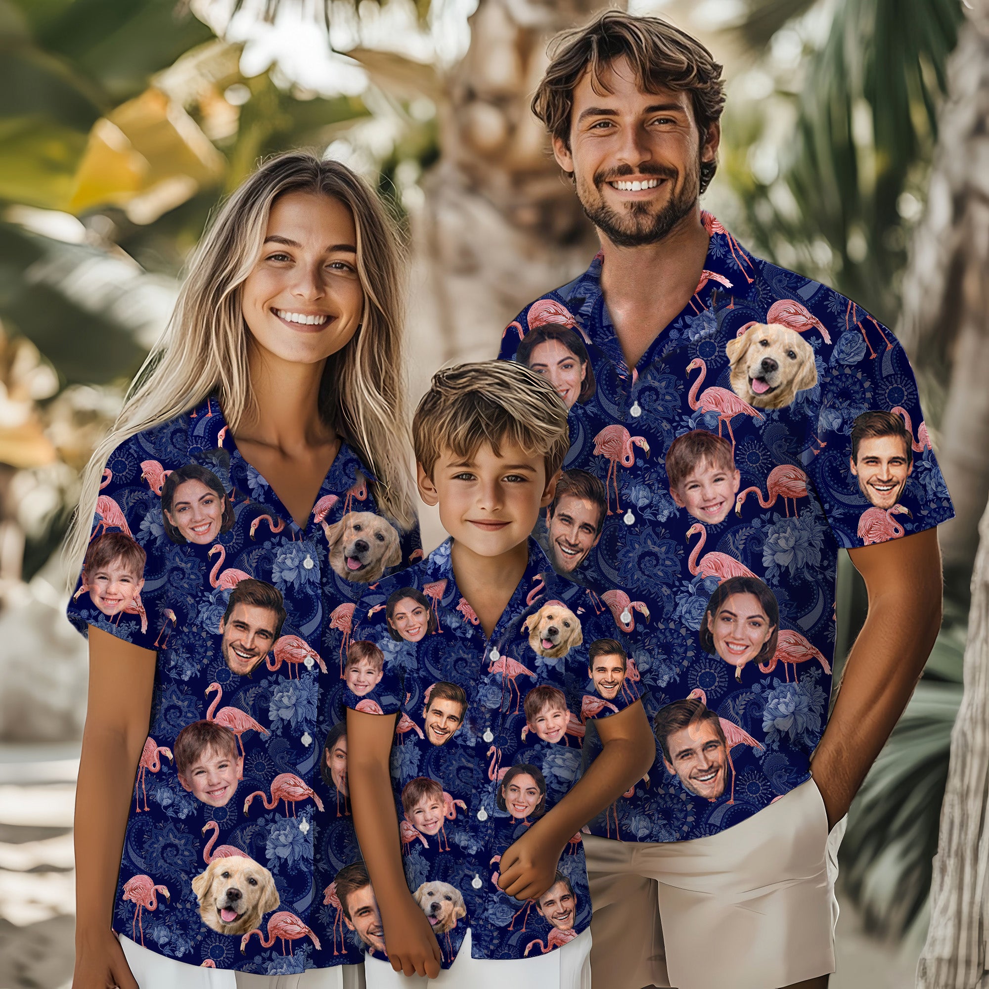Custom Face Hawaiian Shirt, Personalized Flamingo Family Photo Shirt, For Men, Dads, and Friends, Gift for Birthdays, Vacations, or Anniversaries