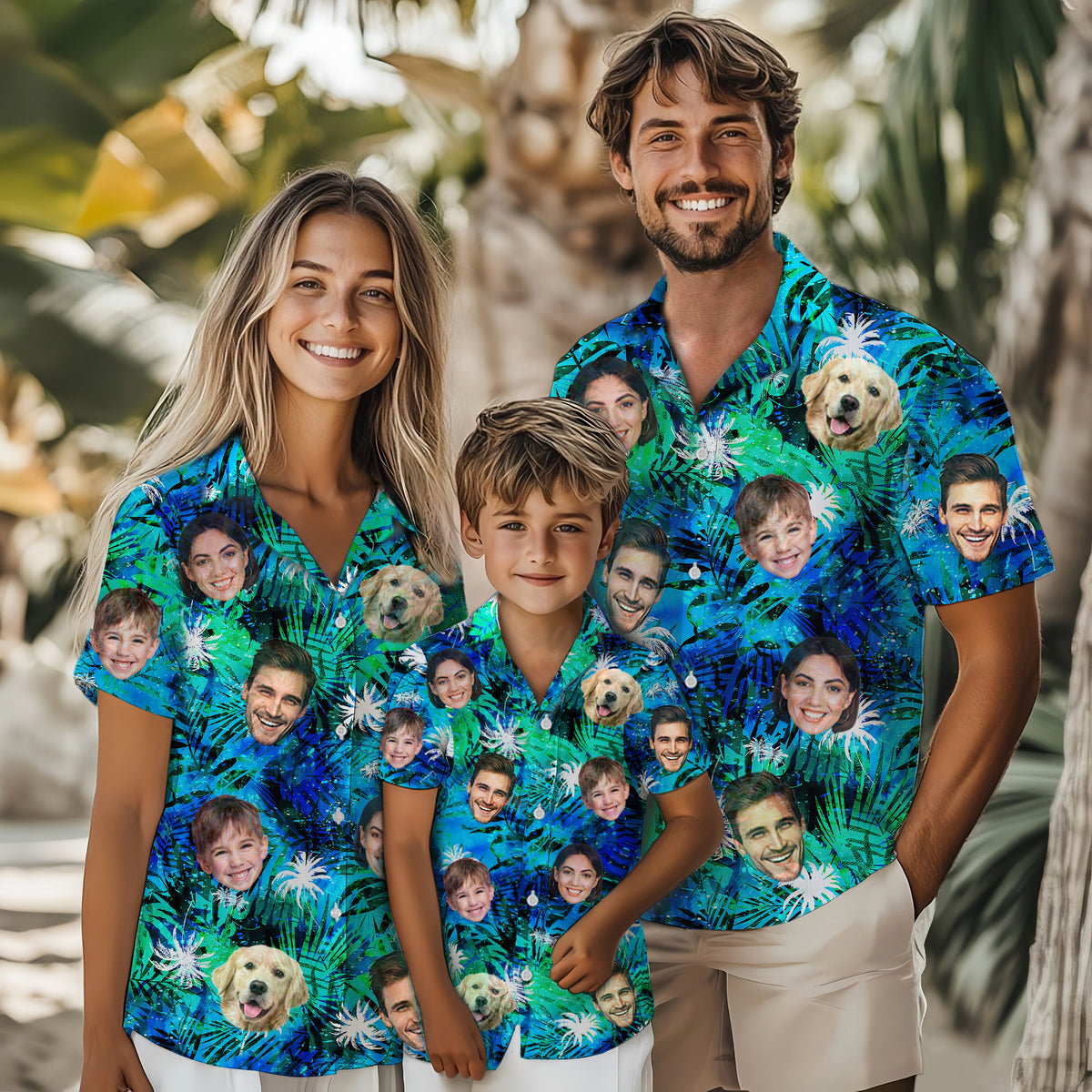 Custom Tropical Blue Hawaiian Shirt with Faces, Personalized Family Beach Vacation Shirt with Pet Photo, for Boyfriends, Husbands, for Special Days