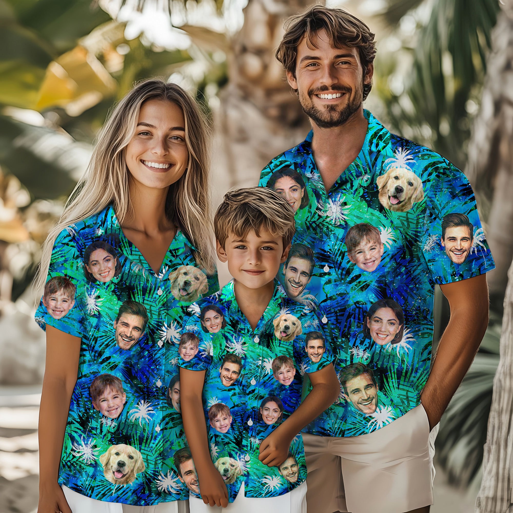 Custom Tropical Blue Hawaiian Shirt with Faces, Personalized Family Beach Vacation Shirt with Pet Photo, for Boyfriends, Husbands, for Special Days